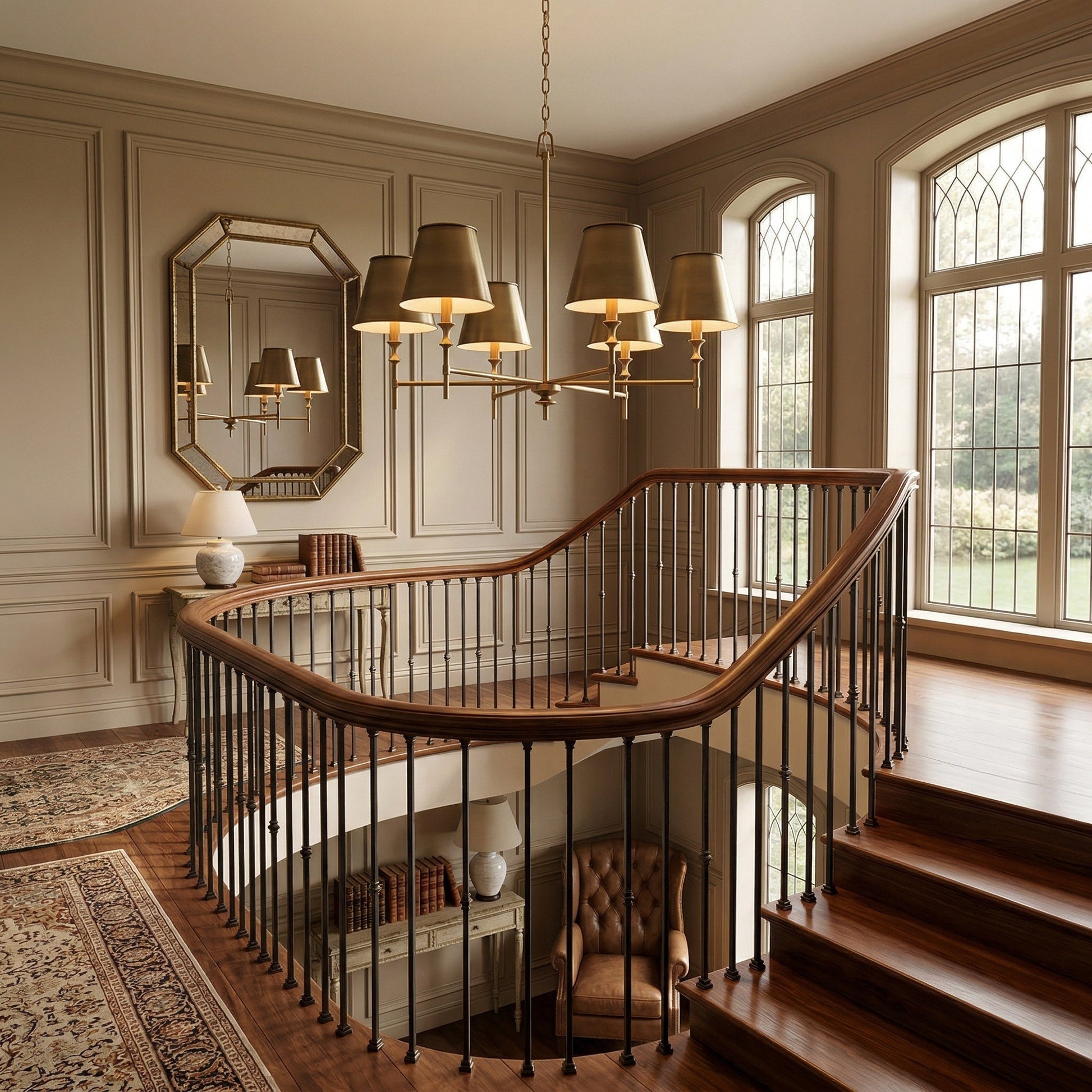The 8-head version of the Whitney Brass Chandelier against a plain background.