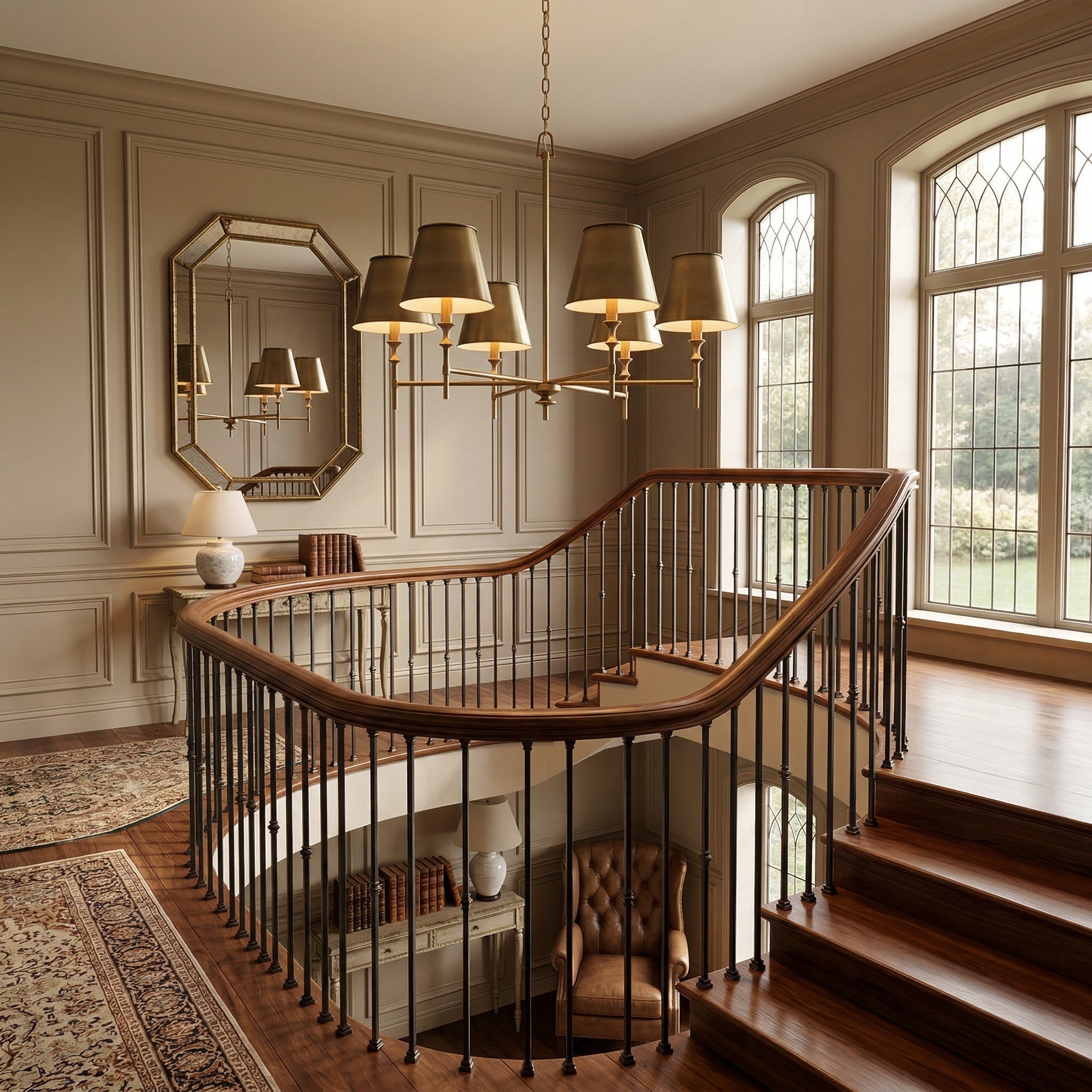 The 8-head version of the Whitney Brass Chandelier against a plain background.