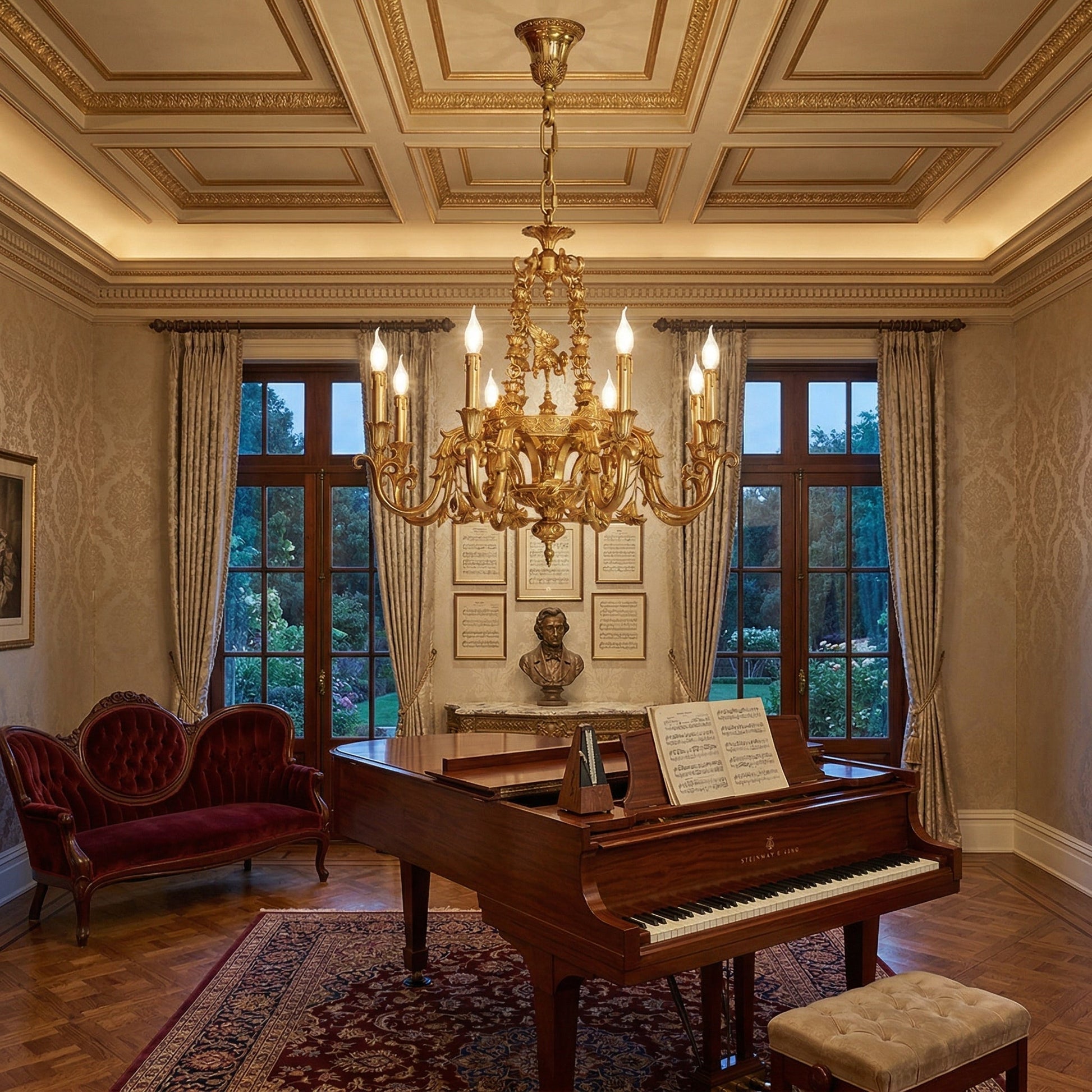 Angled view of the Genualdi Brass Chandelier, highlighting its structure.