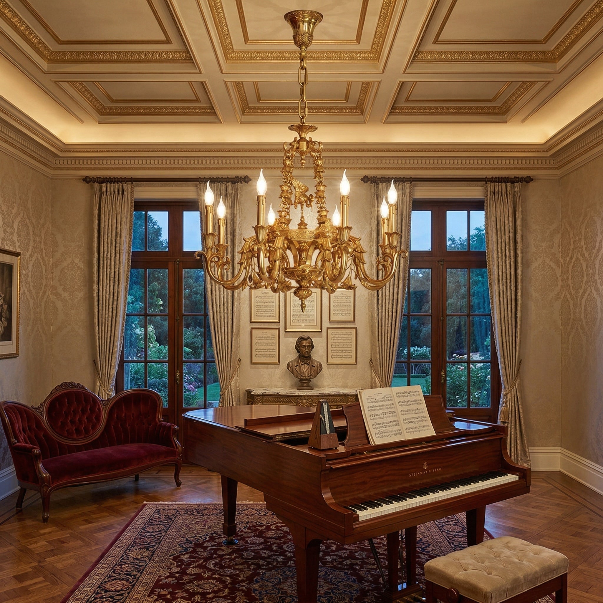 Angled view of the Genualdi Brass Chandelier, highlighting its structure.