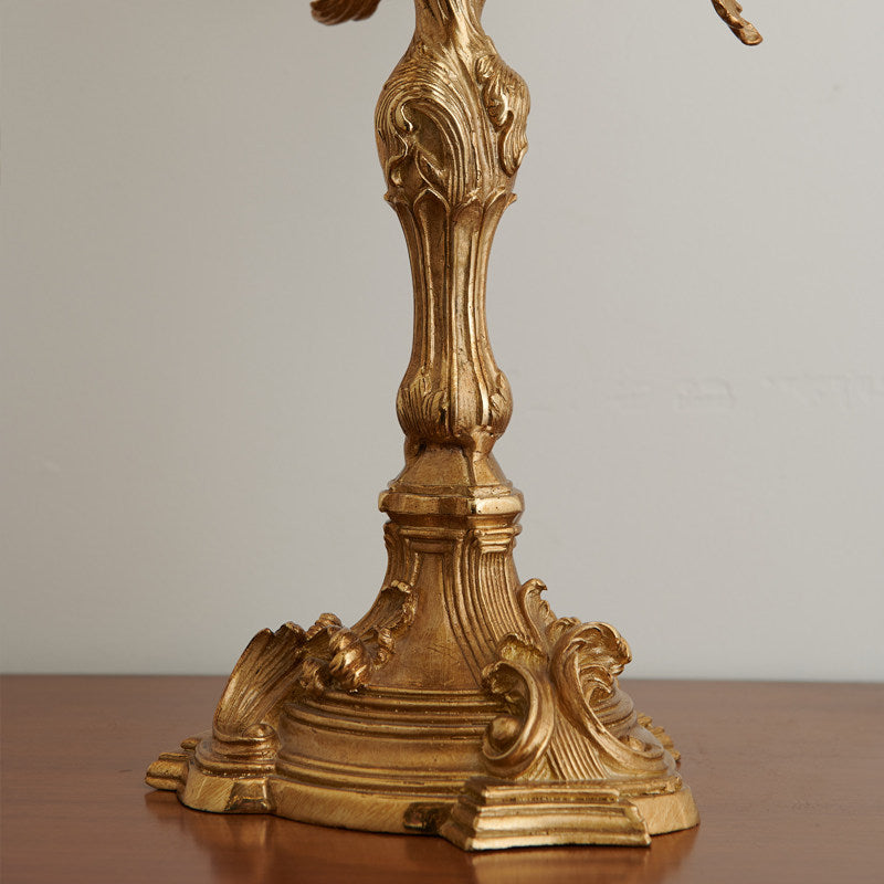 Full product view of the elegant French brass seven-light candelabra.