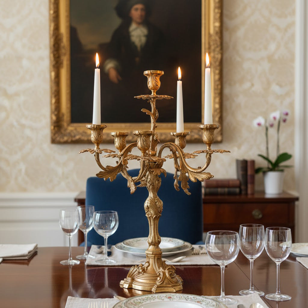 Close-up of the lustrous brass finish on the candelabra.