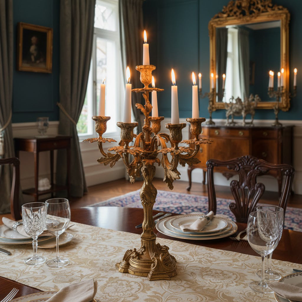 The sturdy and elegant base of the French brass candelabra.