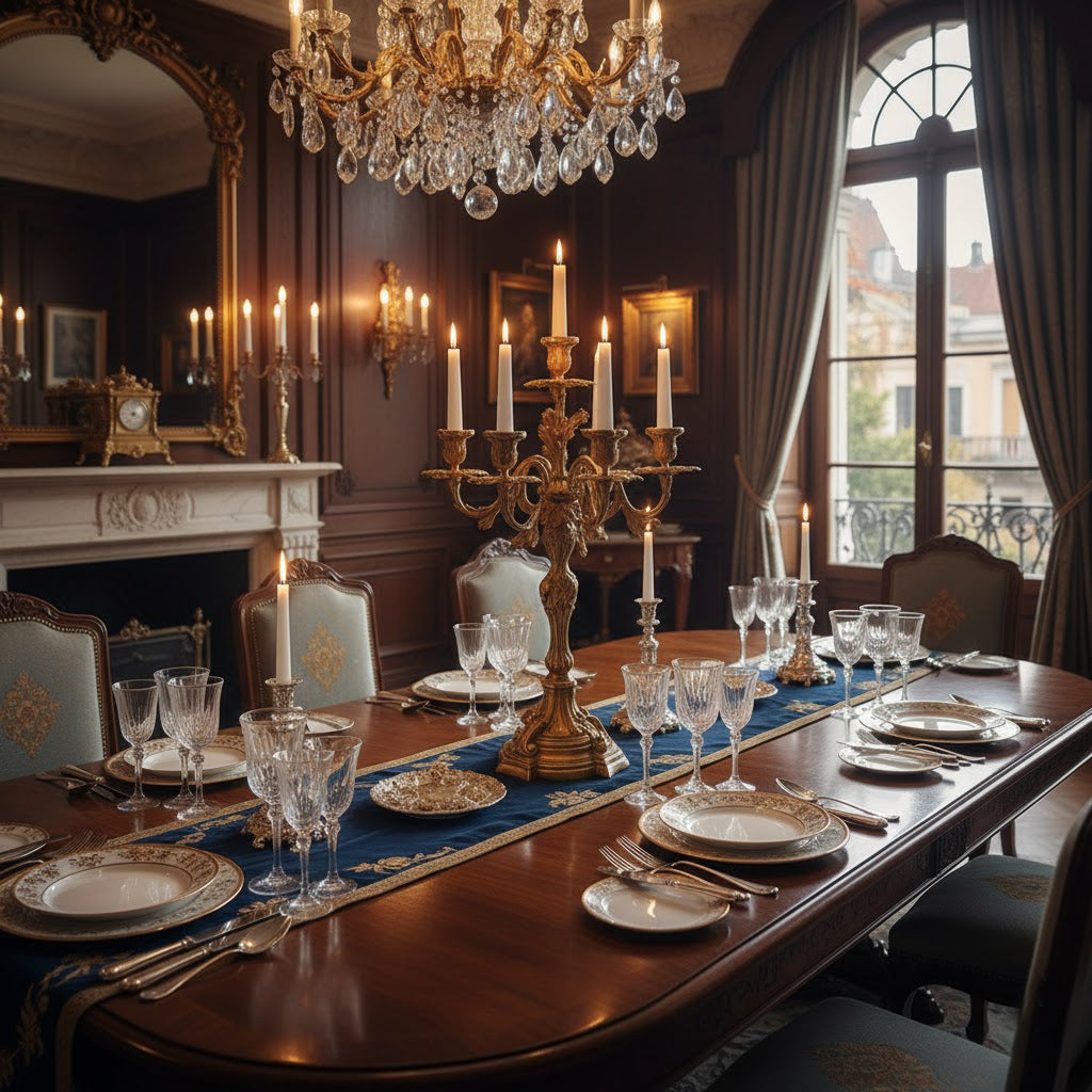 The candelabra displayed as a centerpiece on a formal dining table.