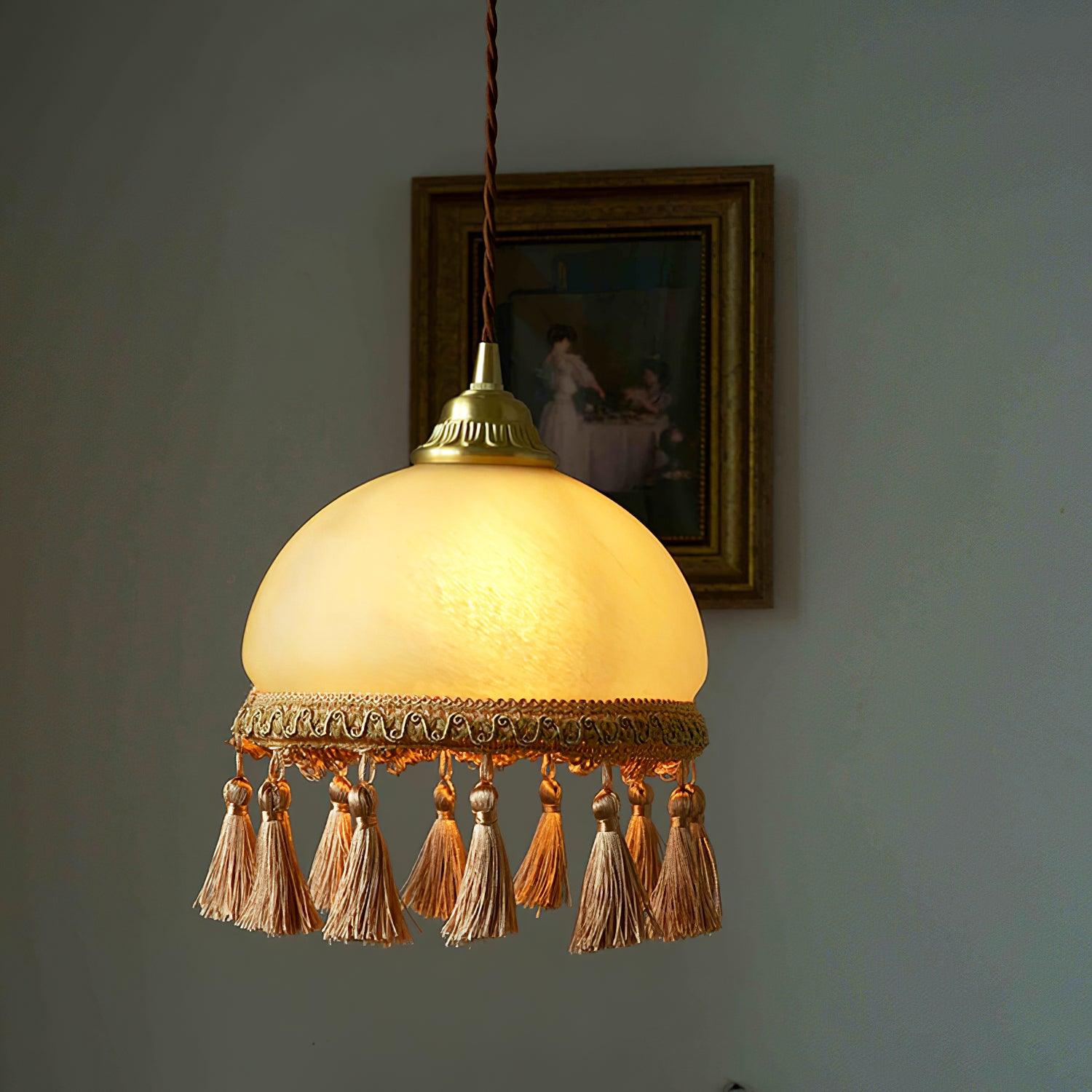 Sycaran French Tassels Swag Brass Glass Fabric Pendant Light-Neutral Decor