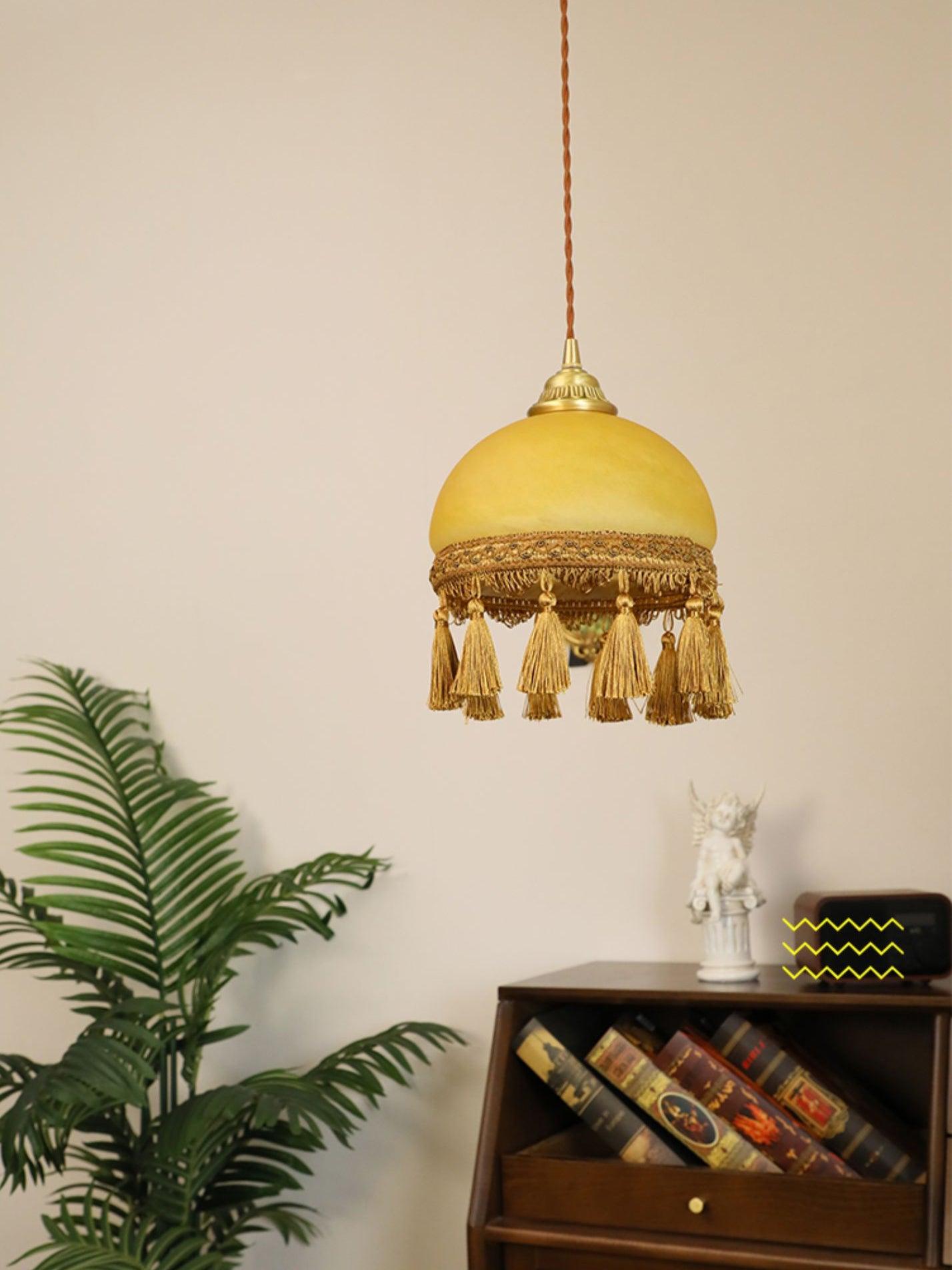 Sycaran French Tassels Swag Brass Glass Fabric Pendant Light-Neutral Decor