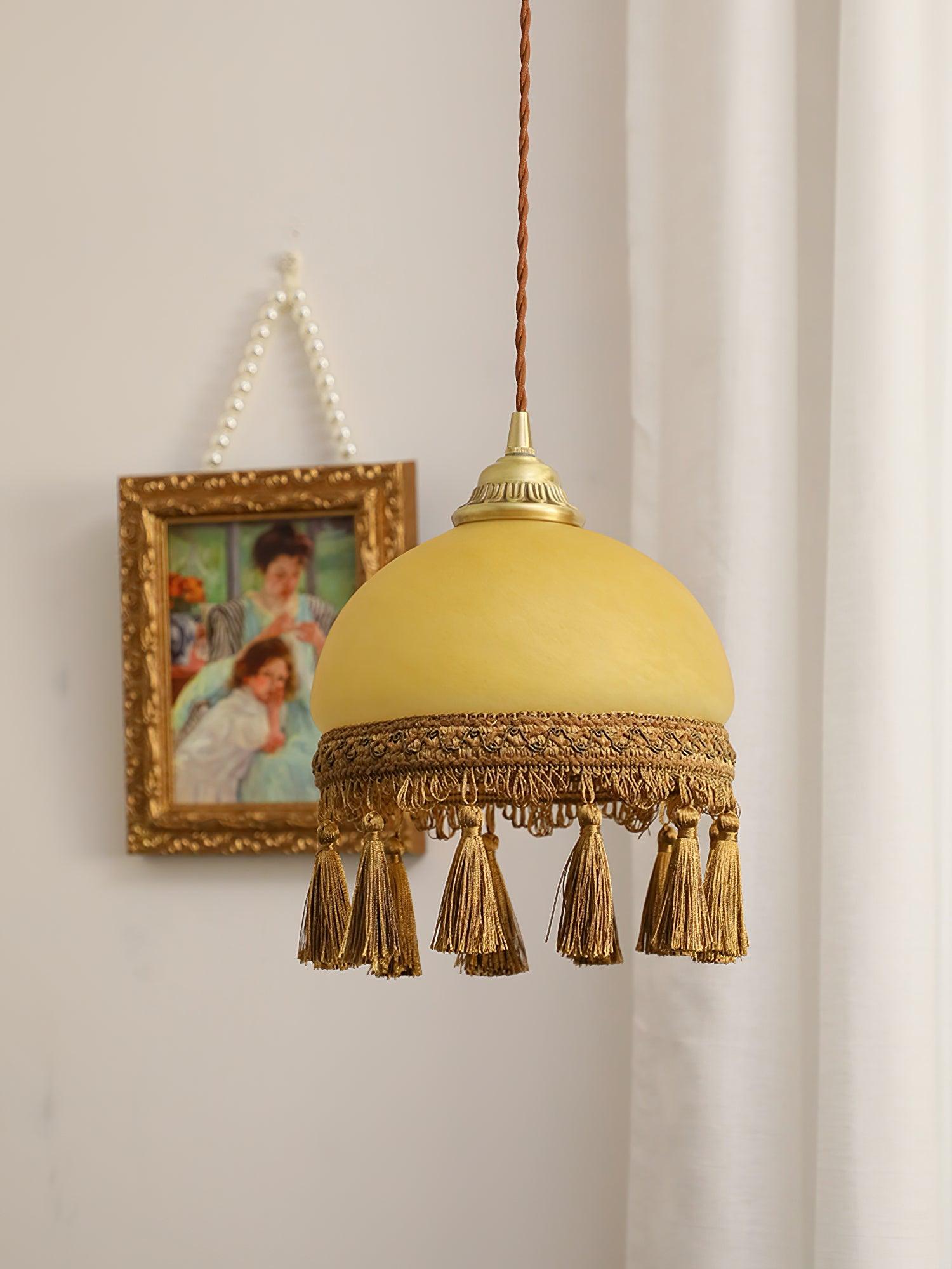 Sycaran French Tassels Swag Brass Glass Fabric Pendant Light-Neutral Decor