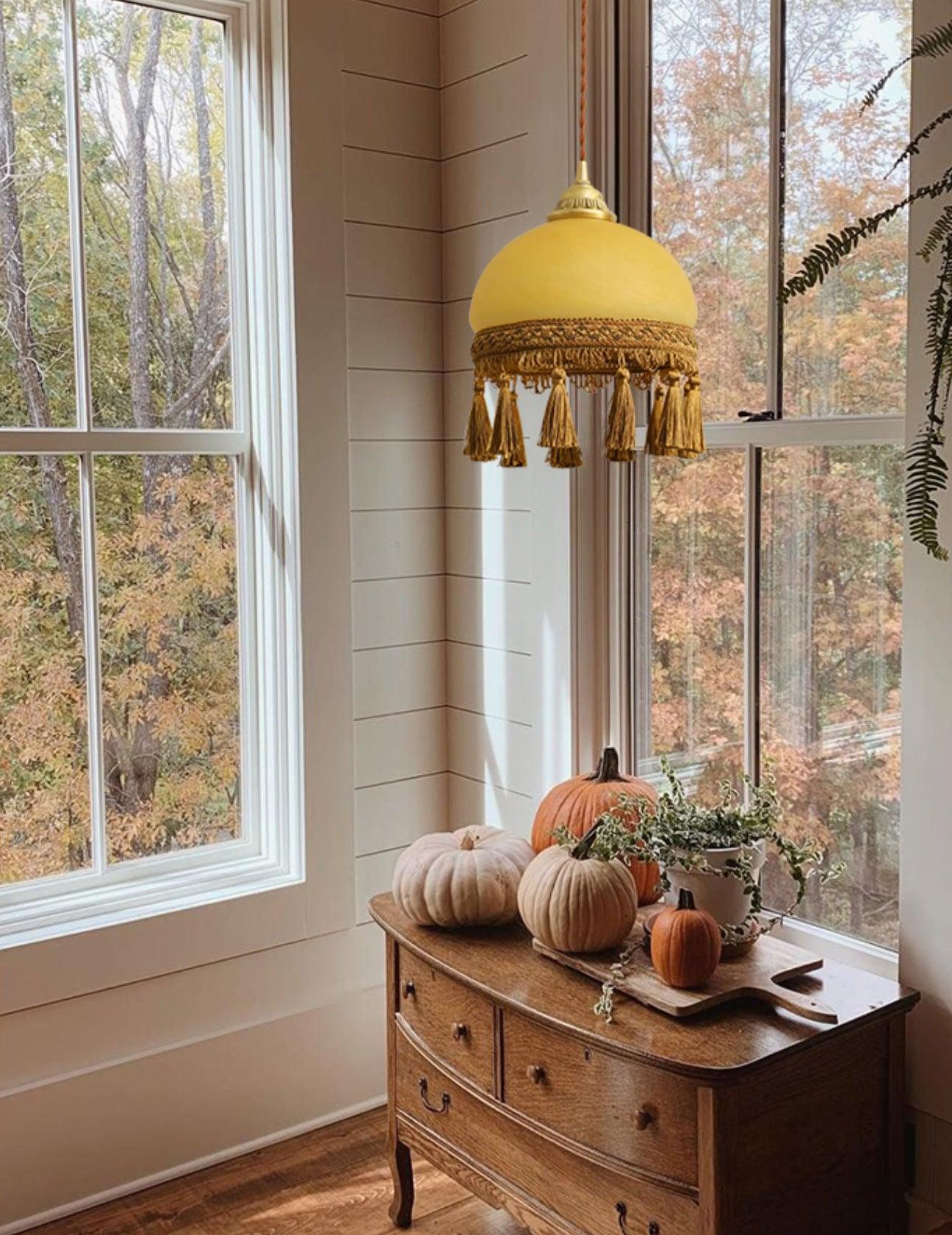 Sycaran French Tassels Swag Brass Glass Fabric Pendant Light-Neutral Decor