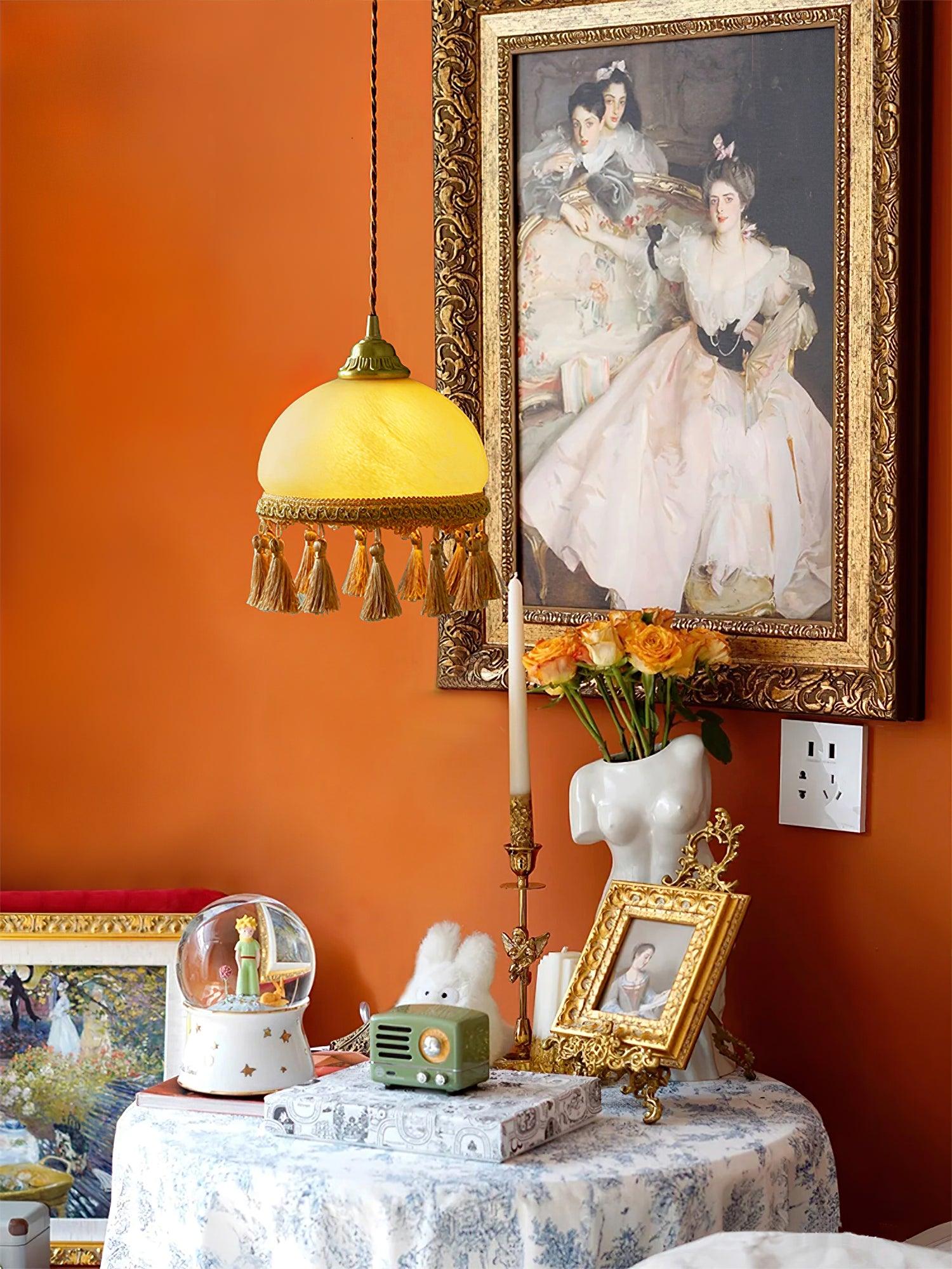 Sycaran French Tassels Swag Brass Glass Fabric Pendant Light-Neutral Decor