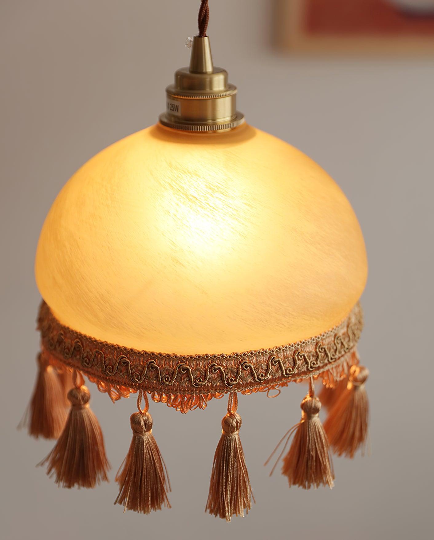 Sycaran French Tassels Swag Brass Glass Fabric Pendant Light-Neutral Decor