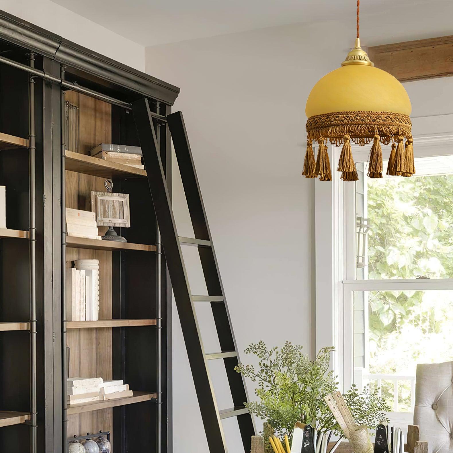 Sycaran French Tassels Swag Brass Glass Fabric Pendant Light-Neutral Decor