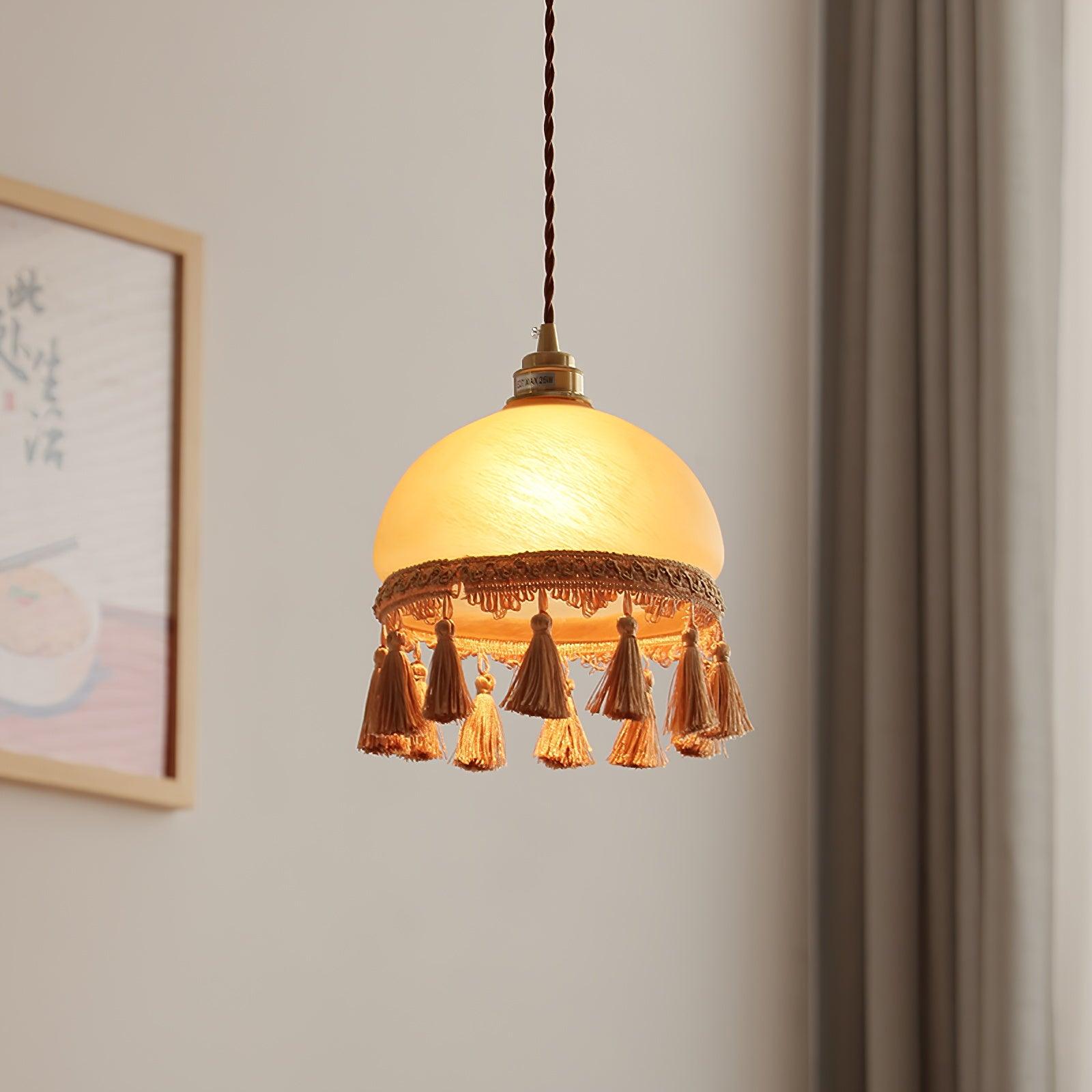 Sycaran French Tassels Swag Brass Glass Fabric Pendant Light-Neutral Decor