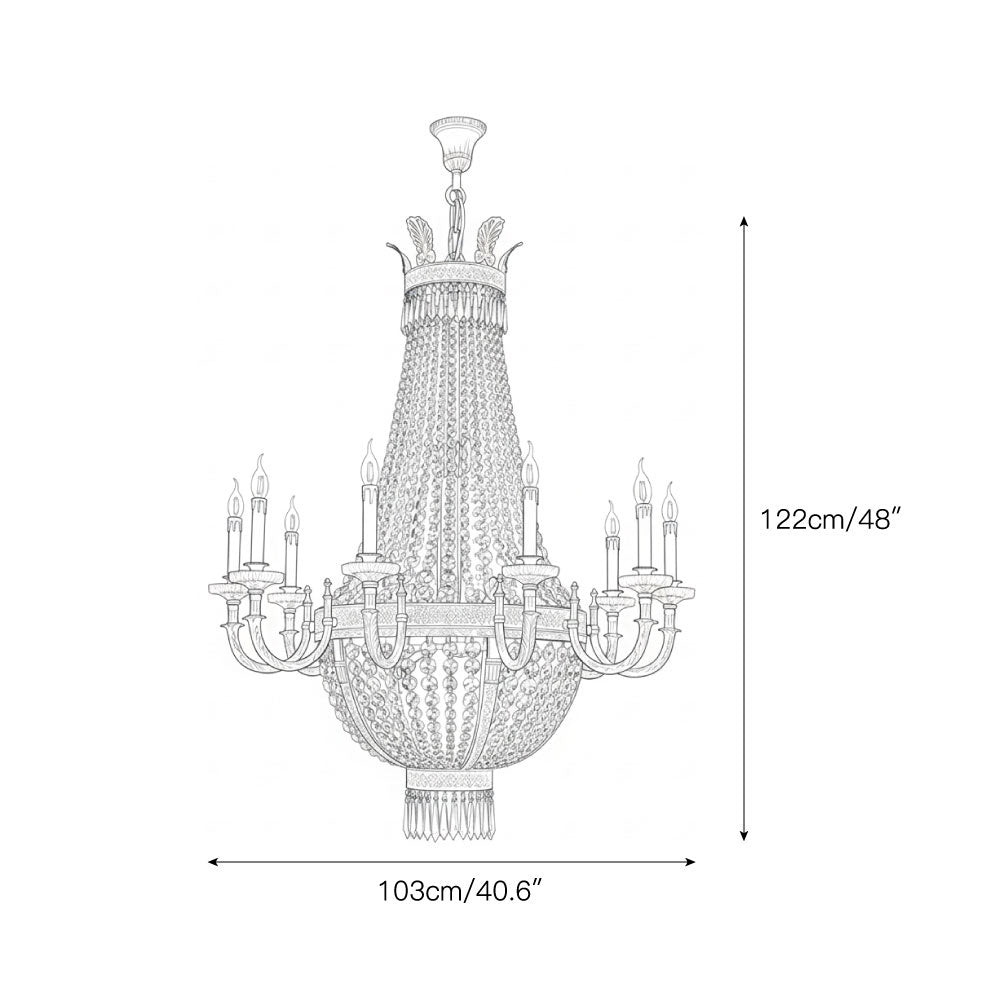 The Gabriella Chandelier illuminated in a grand dining room.