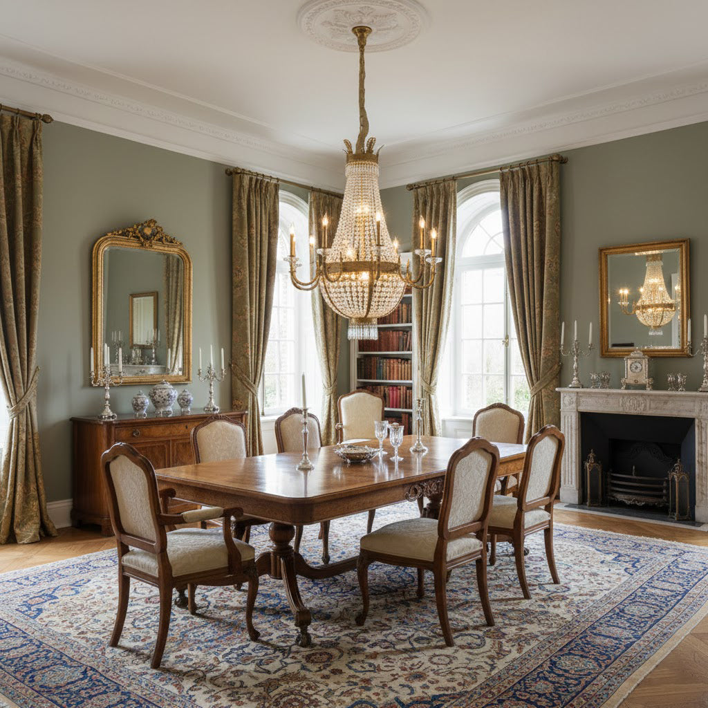 Lifestyle image of the chandelier in a Beaux-Arts style interior.