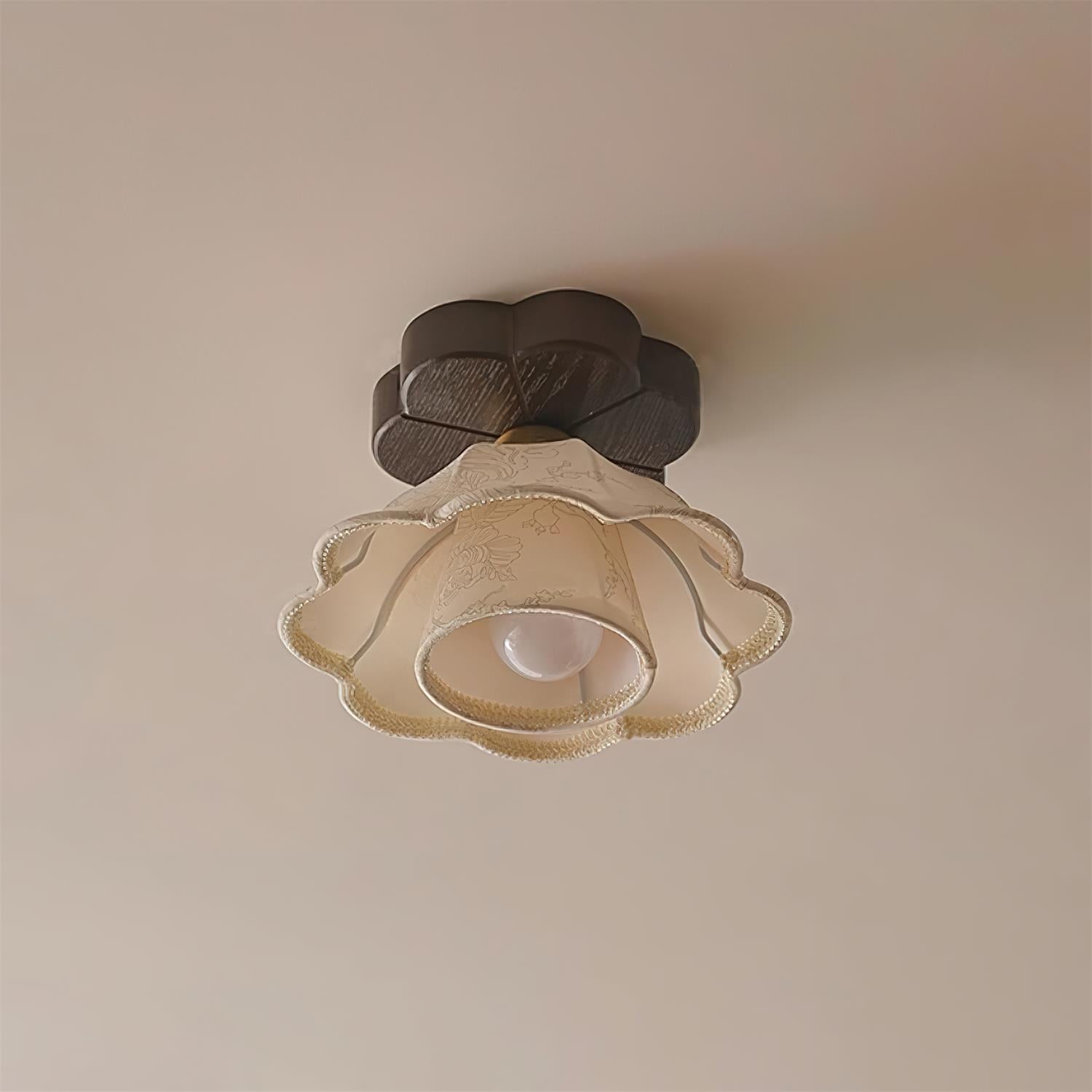 Ceiling Light Scalloped Fabric Shade Walnut Wood Canopy Vintage
