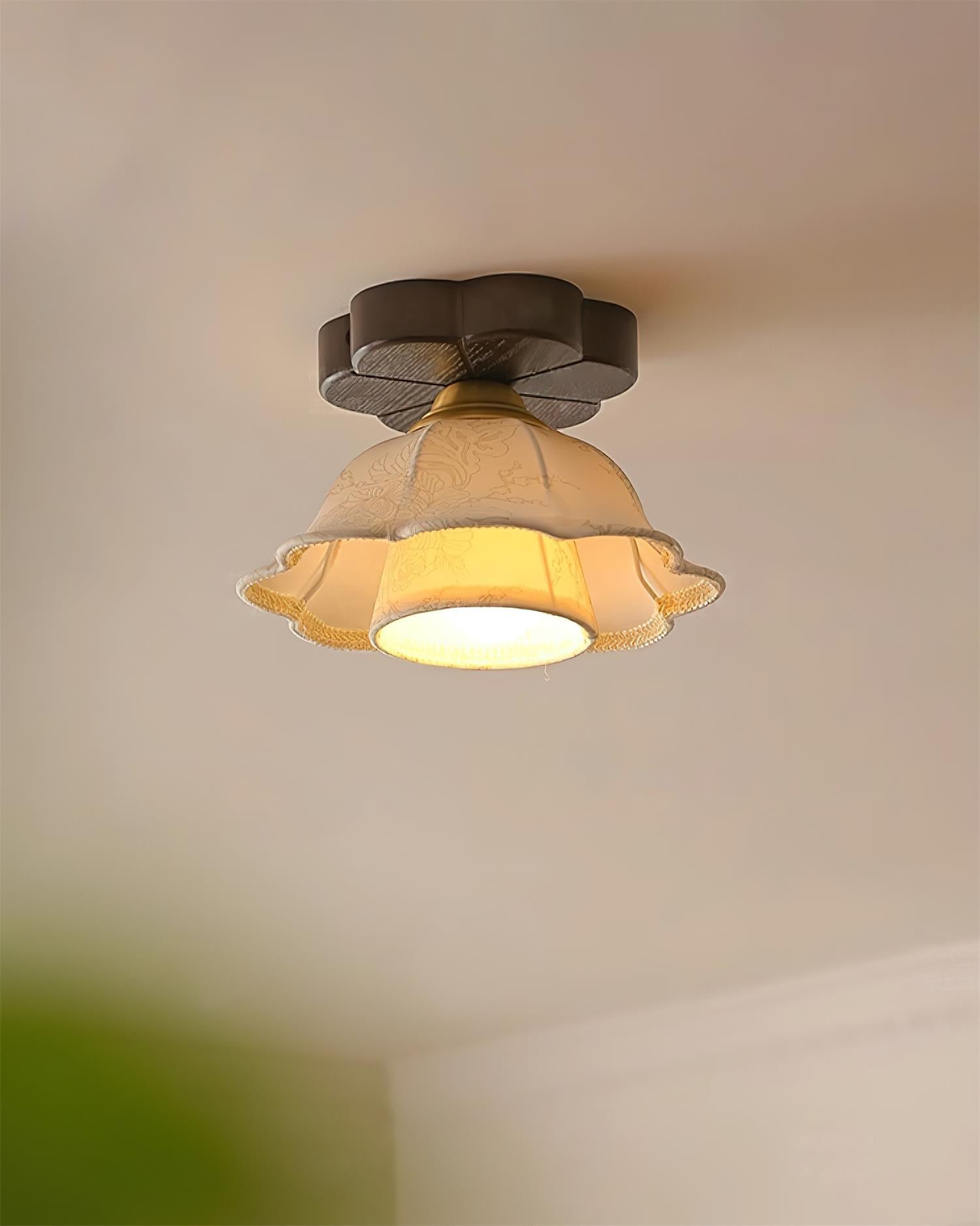 Ceiling Light Scalloped Fabric Shade Walnut Wood Canopy Vintage