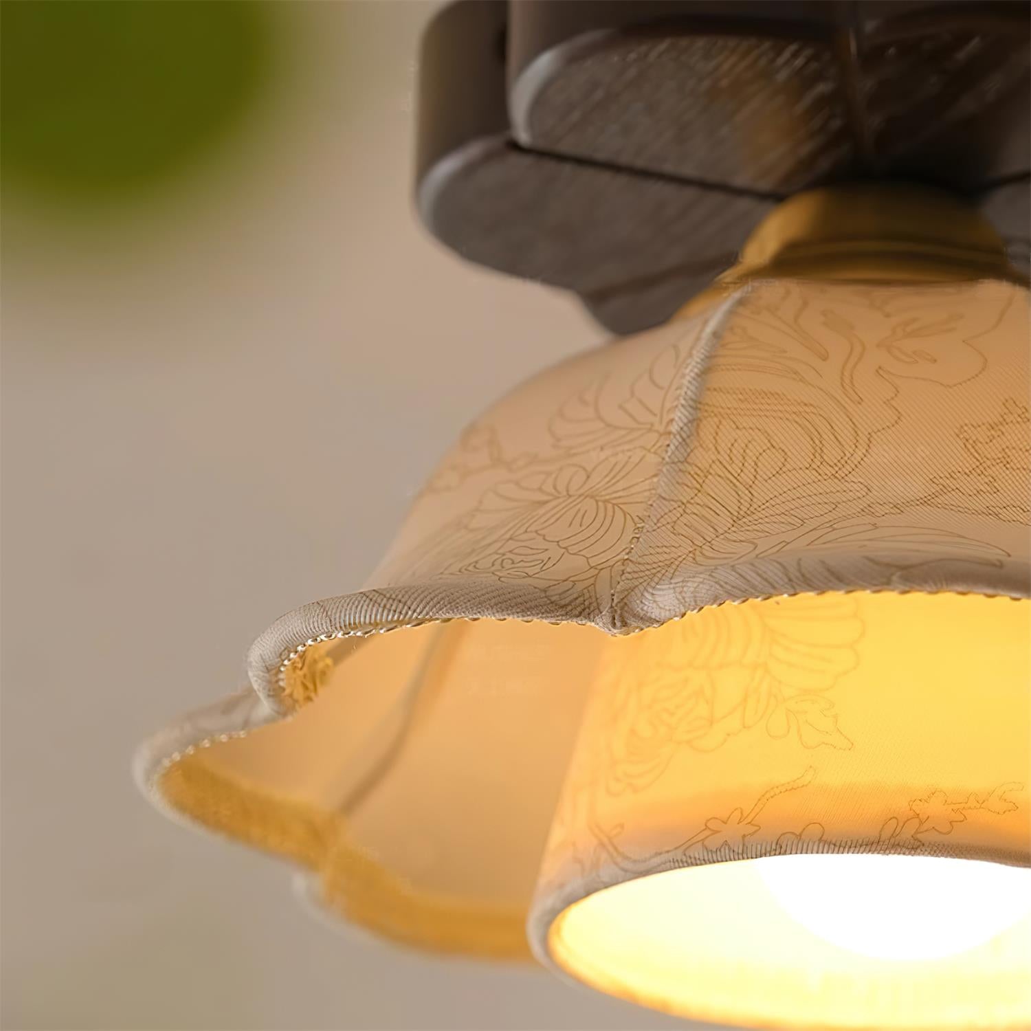 Ceiling Light Scalloped Fabric Shade Walnut Wood Canopy Vintage