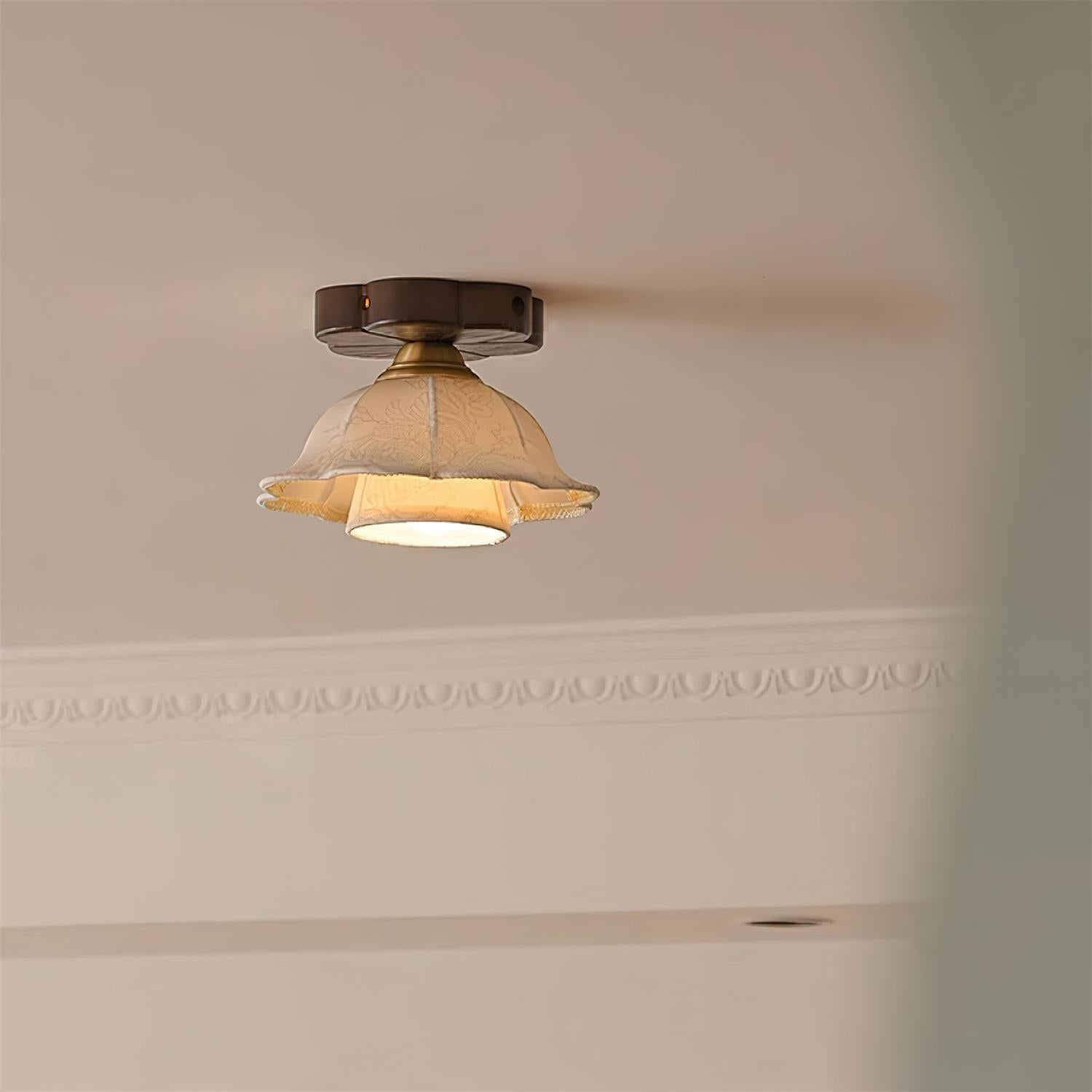 Ceiling Light Scalloped Fabric Shade Walnut Wood Canopy Vintage