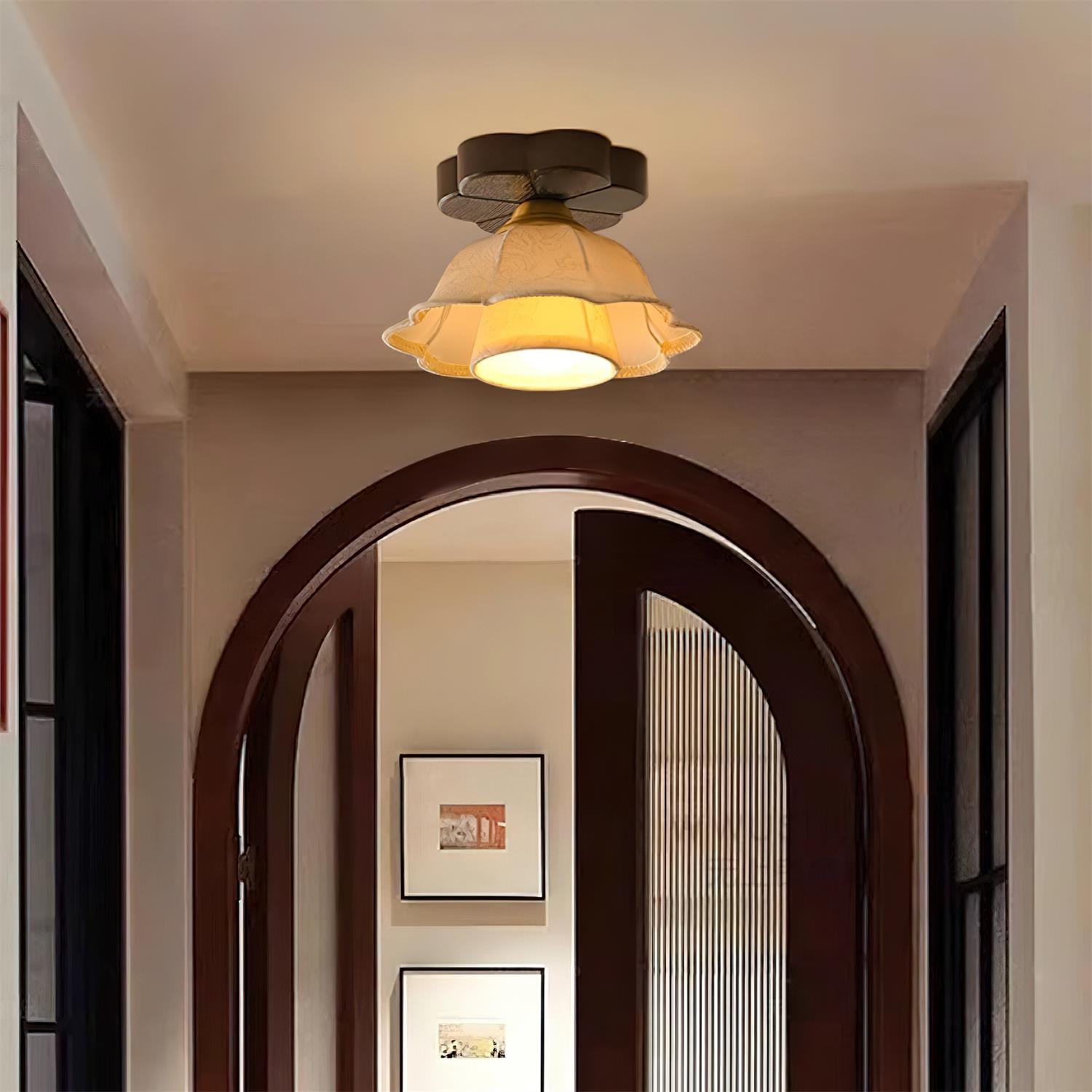 Ceiling Light Scalloped Fabric Shade Walnut Wood Canopy Vintage