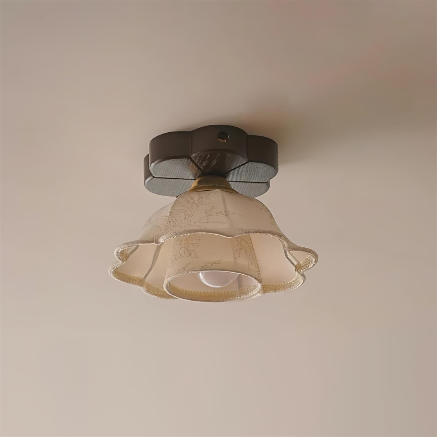 Ceiling Light Scalloped Fabric Shade Walnut Wood Canopy Vintage
