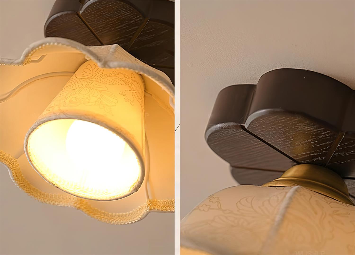 Ceiling Light Scalloped Fabric Shade Walnut Wood Canopy Vintage