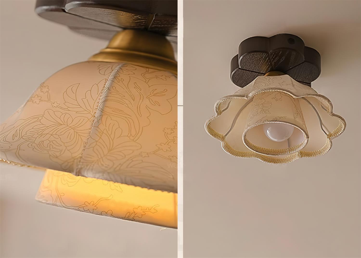 Ceiling Light Scalloped Fabric Shade Walnut Wood Canopy Vintage