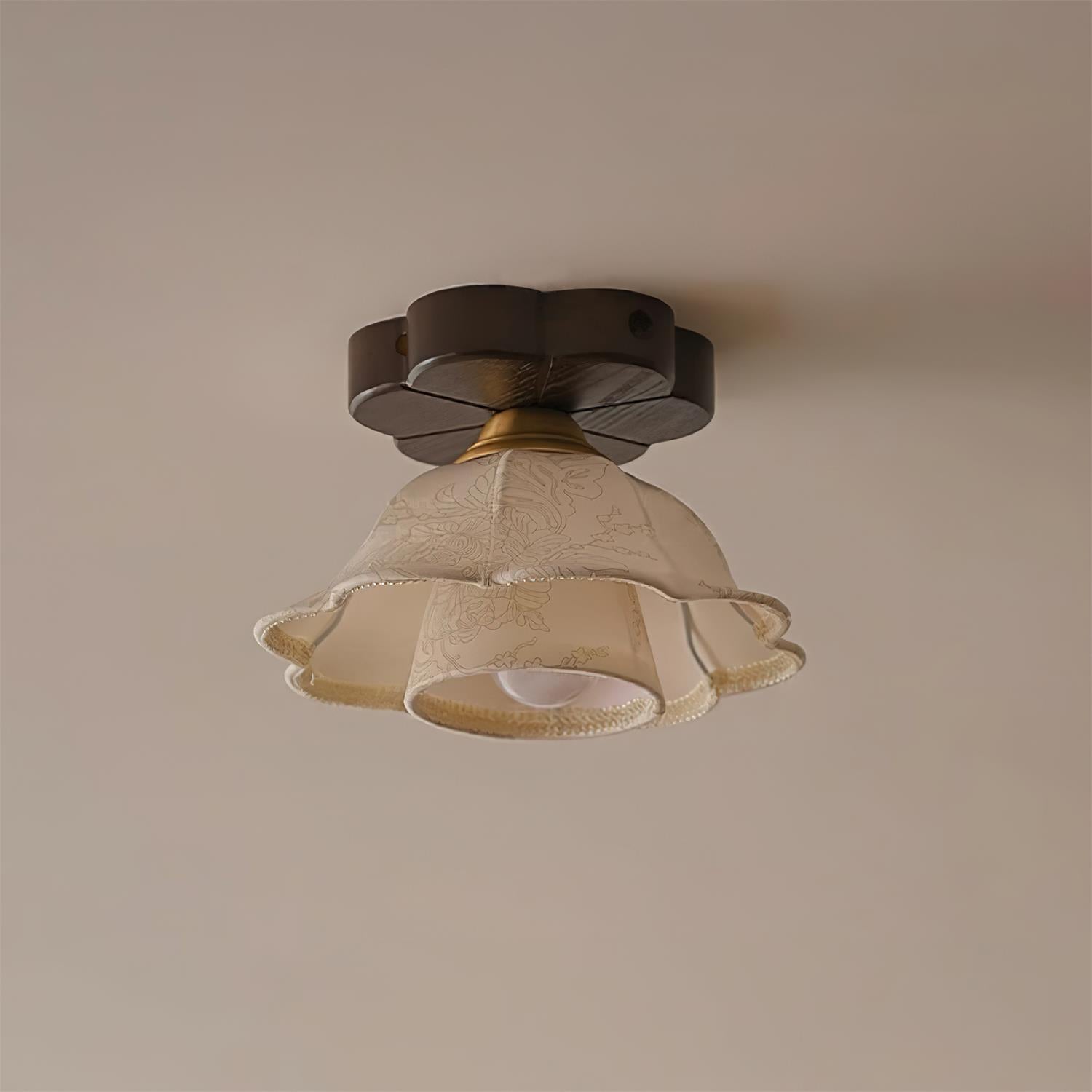 Ceiling Light Scalloped Fabric Shade Walnut Wood Canopy Vintage