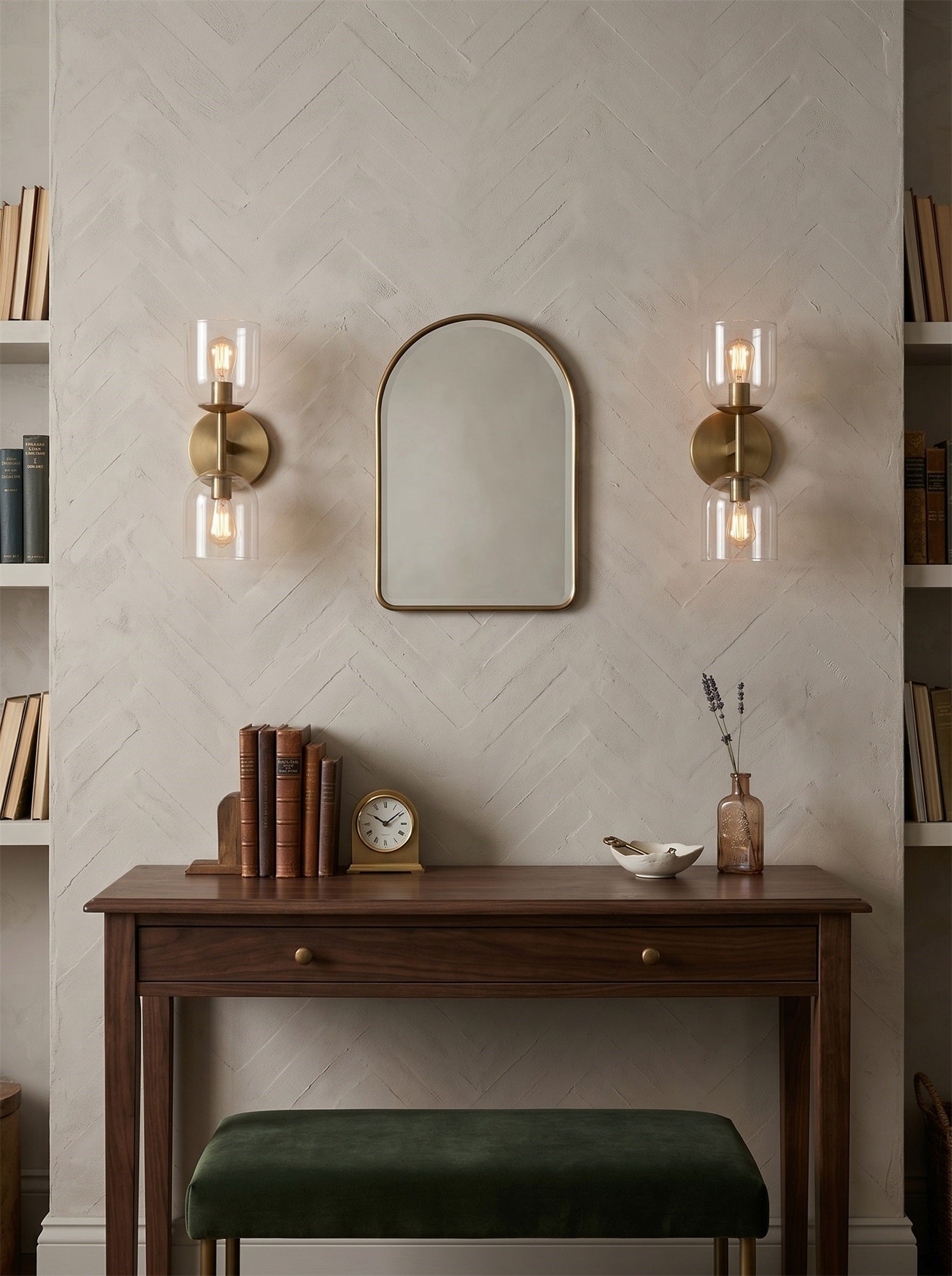 Angled view of the two-head Garrison Glass Wall Sconce.