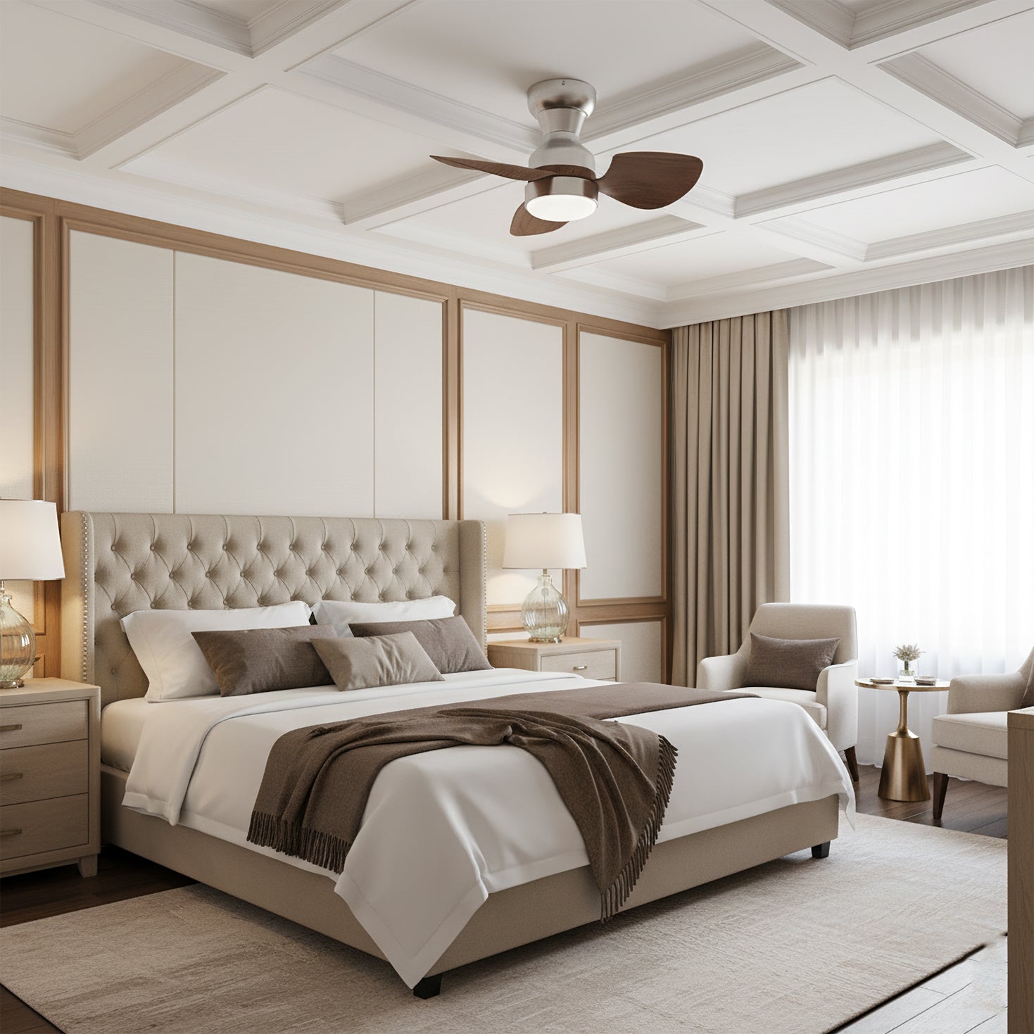 Close-up of the Haiku ceiling fan's metal housing and ABS blades.
