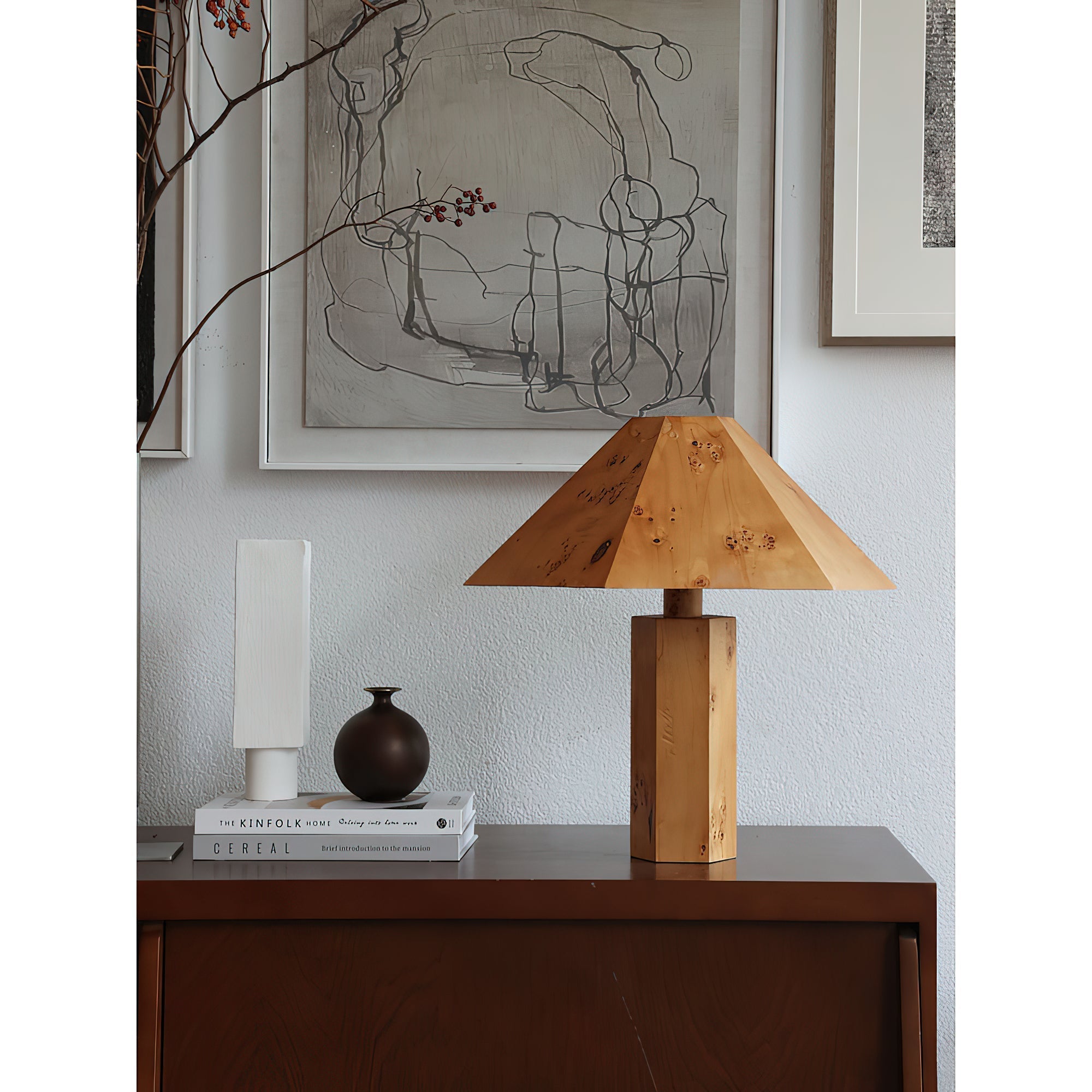 The natural patterns of the burl bark on the Gena Table Lamp.