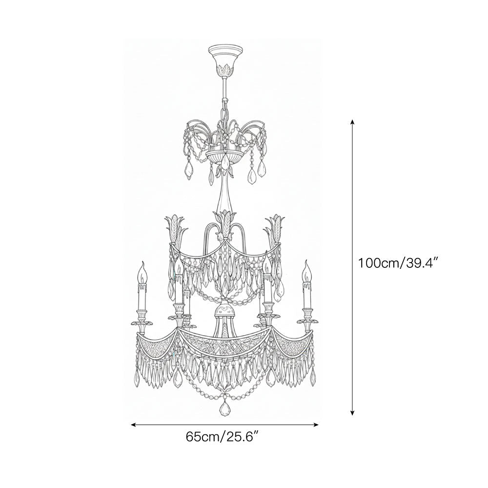 The Genovese Crystal Chandelier illuminated in a modern living room.