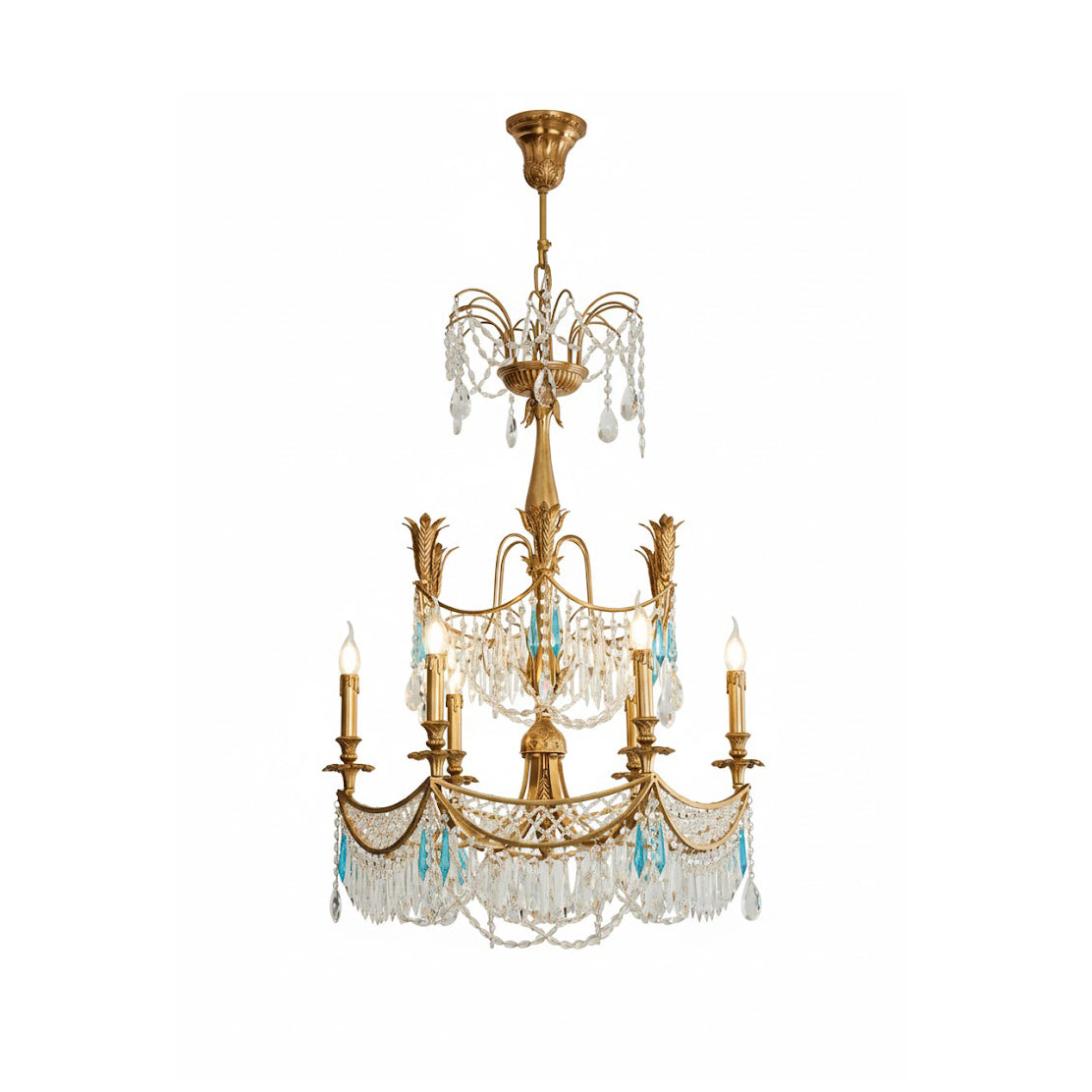 Genovese Crystal Chandelier with brass frame and clear crystals.