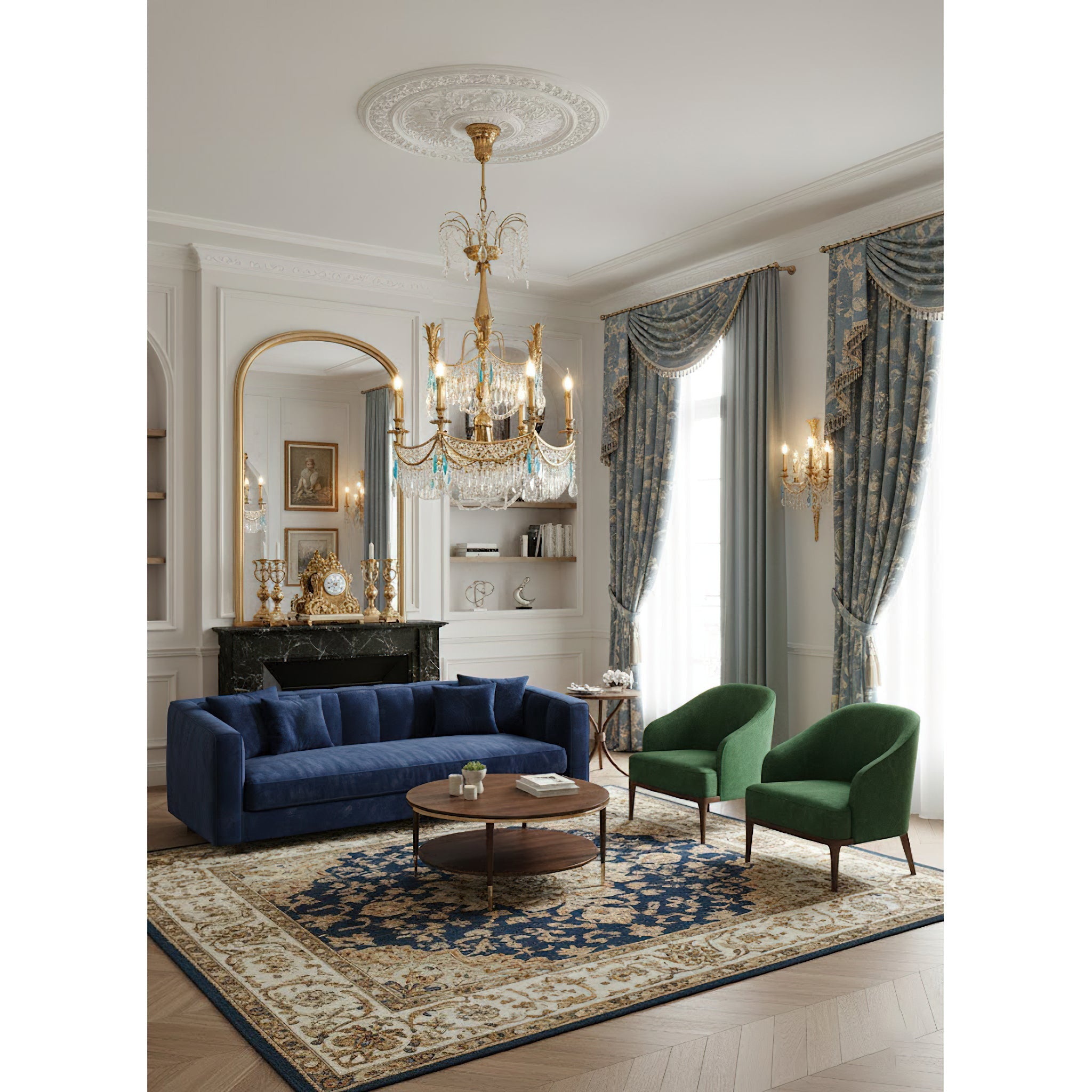 The Genovese Chandelier hanging over a dining table.