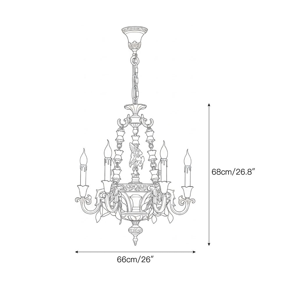 Close-up of the cast brass scroll bobeches on the chandelier.