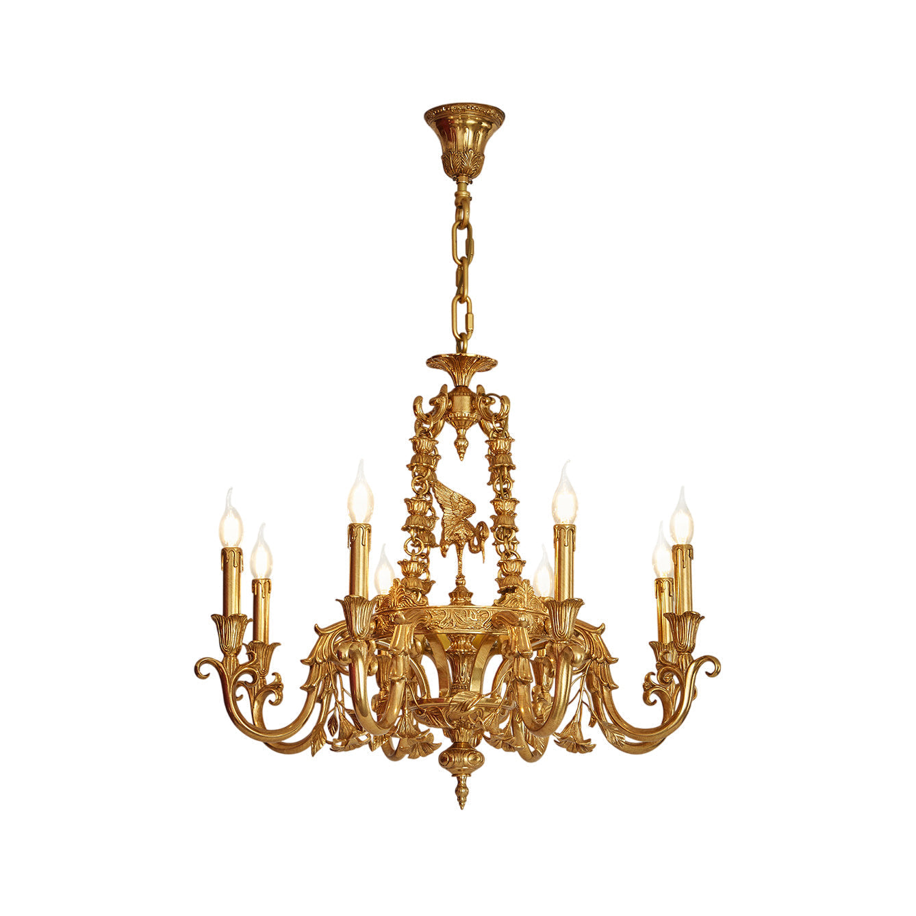 Genualdi Brass Chandelier in a grand living room setting.