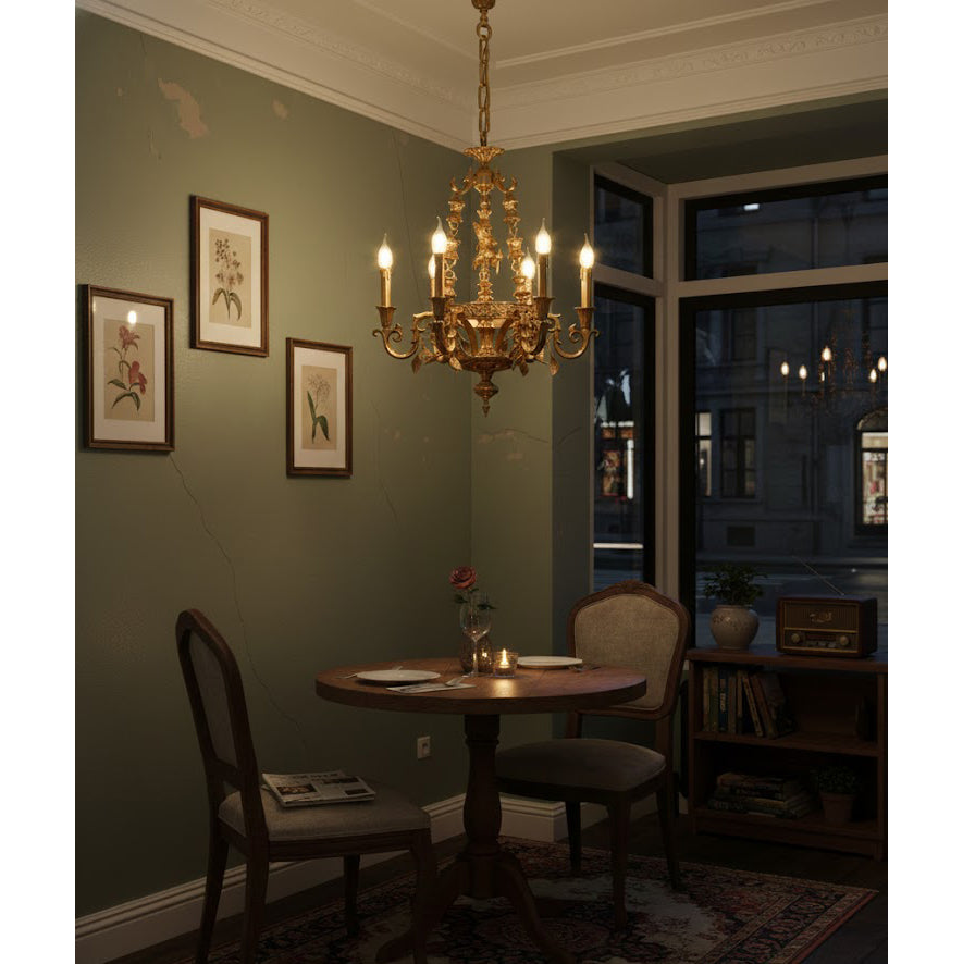 Genualdi Brass Chandelier illuminated in a classic interior.