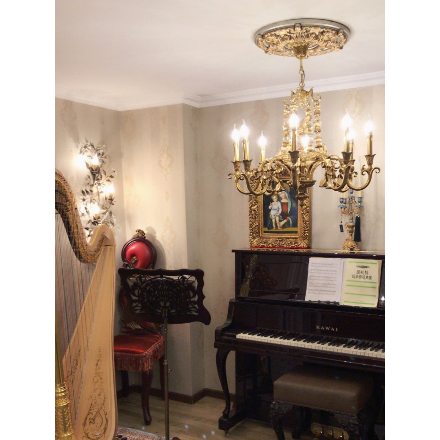The 8-head chandelier in a medium-sized foyer.