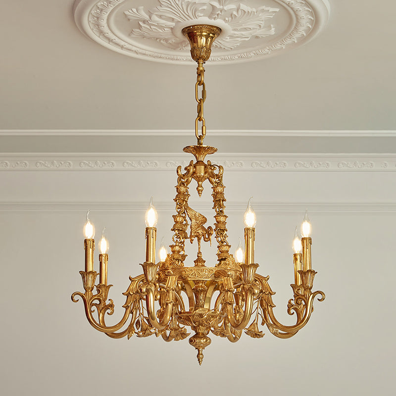 Unlit Genualdi Brass Chandelier against a white background.