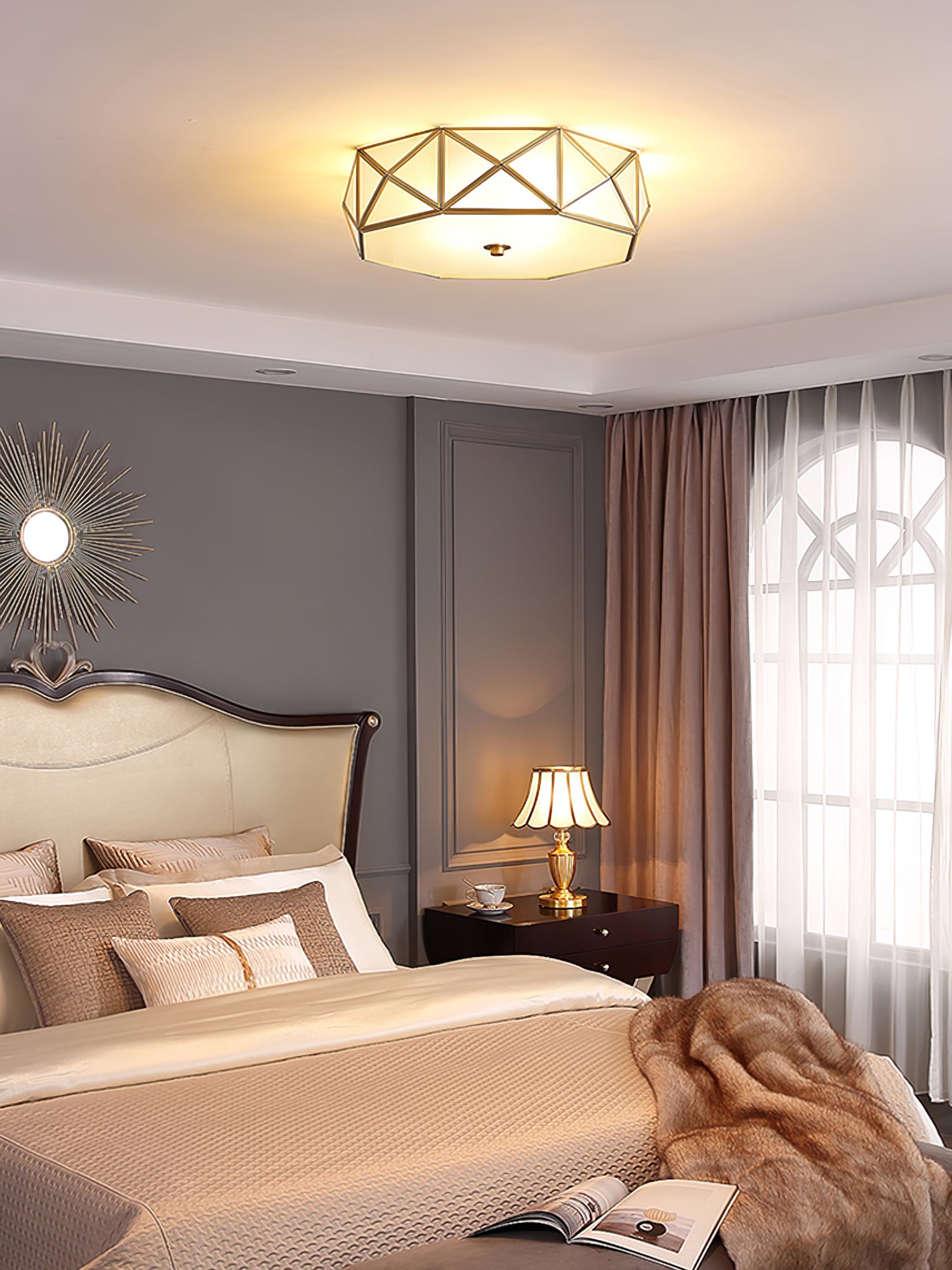 Corviel Geometric Shaped Brass Glass Flush Ceiling Light-Neutral Decor