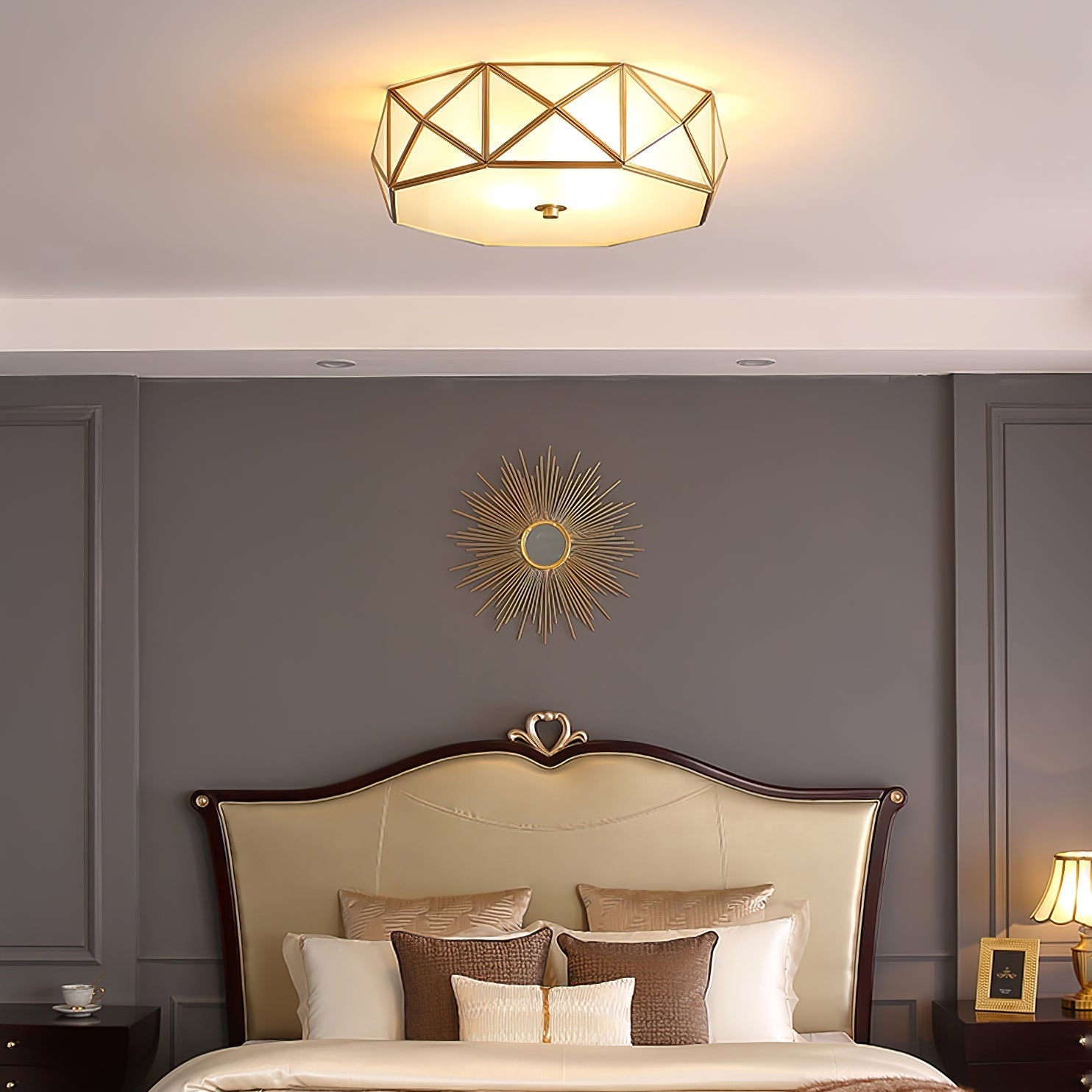 Corviel Geometric Shaped Brass Glass Flush Ceiling Light-Neutral Decor