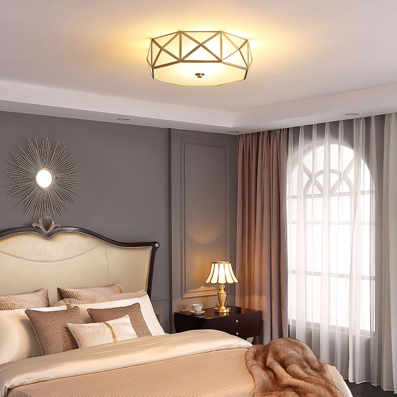 Corviel Geometric Shaped Brass Glass Flush Ceiling Light-Neutral Decor