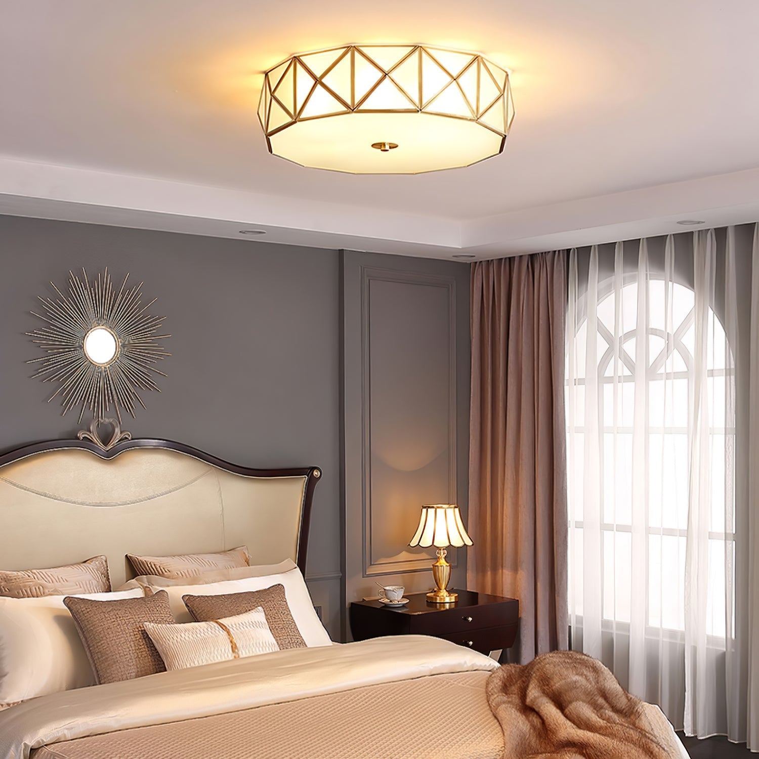 Corviel Geometric Shaped Brass Glass Flush Ceiling Light-Neutral Decor