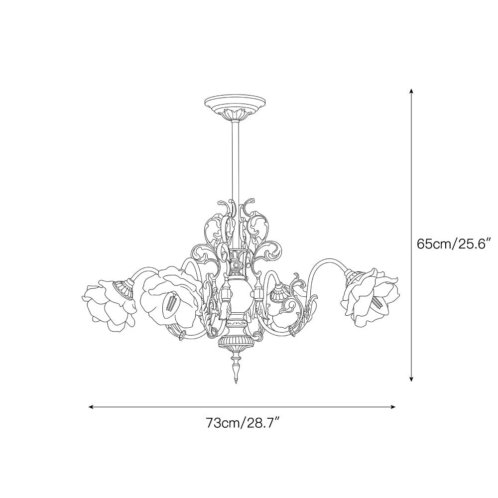 Close-up of the intricate acanthus leaf scrolls on the chandelier's brass arms.