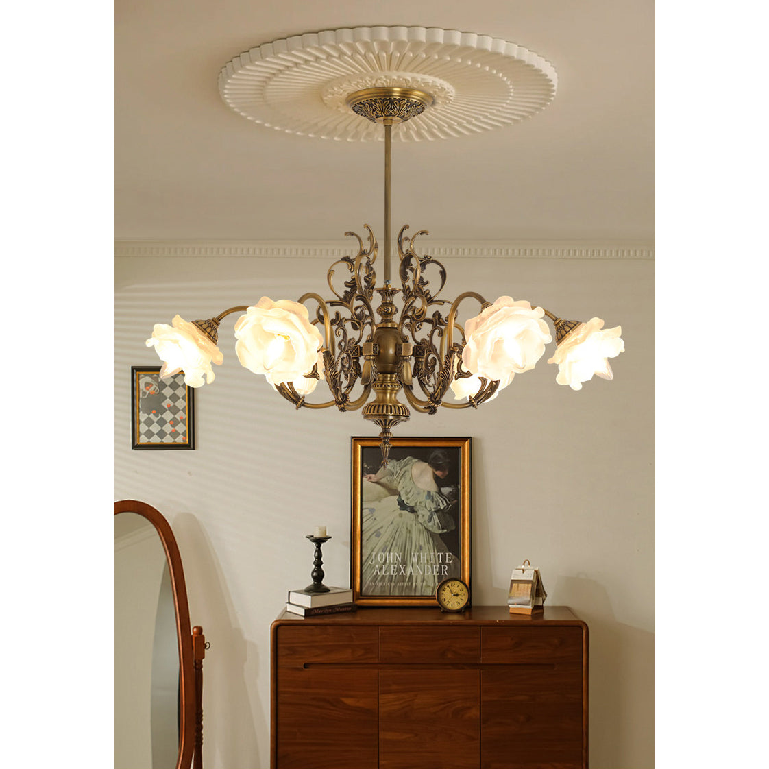 Bottom view of the chandelier, showing the arrangement of the lights.