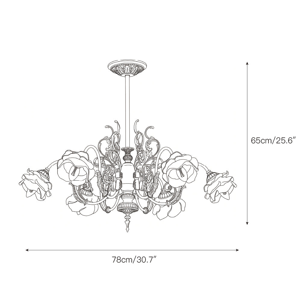 Detail shot of the ornate filigree and glass lampshade.