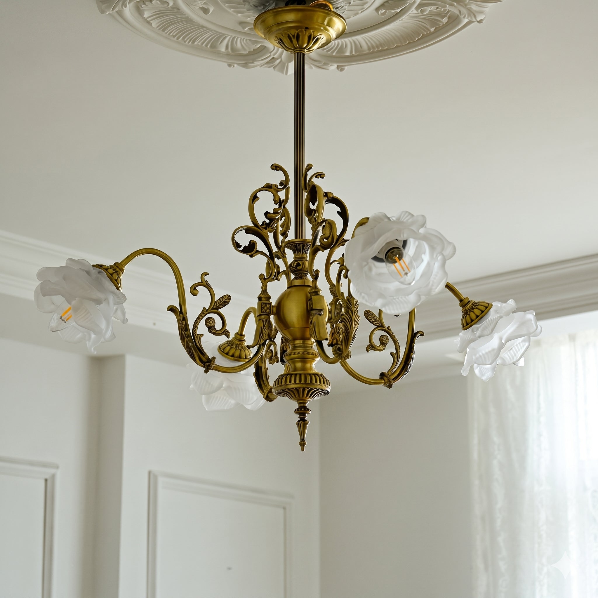 Close-up on the antique brass finish of the lamp body.