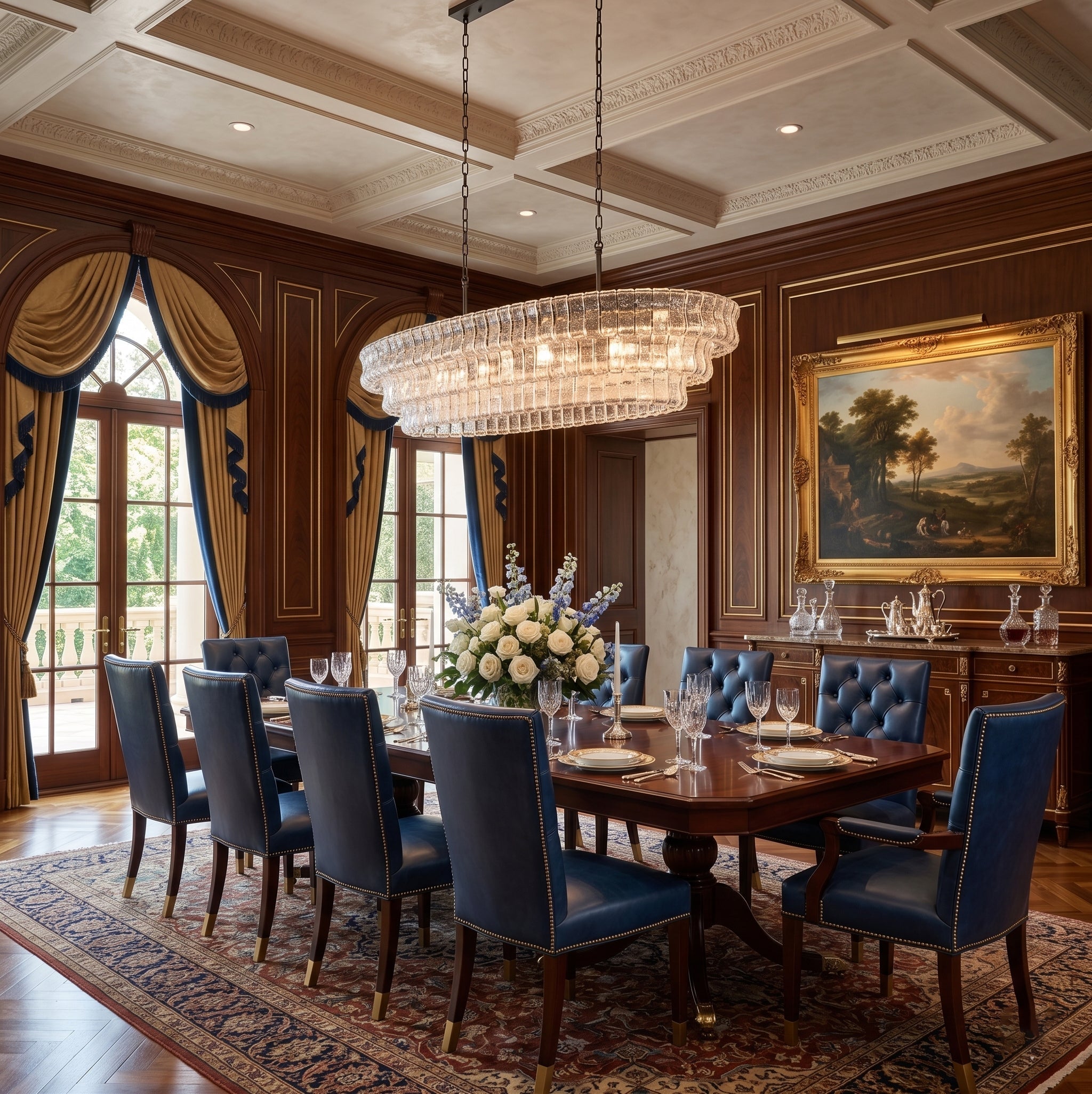 The Albano Glass Chandelier hanging over a large dining table.