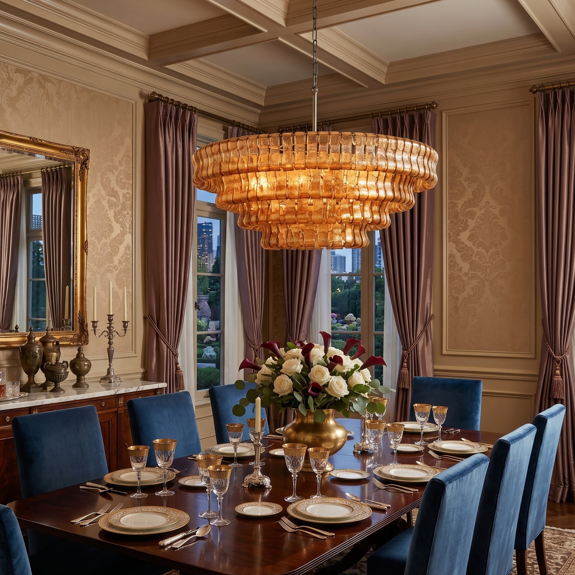Lifestyle image of the Ghiaccio Chandelier illuminating a modern dining room.