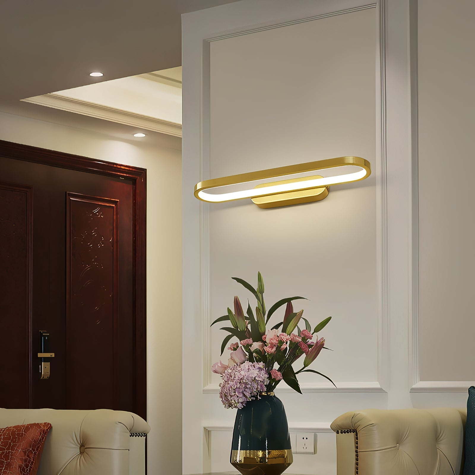 Gianni LED Wall Lamp in white finish, front view.