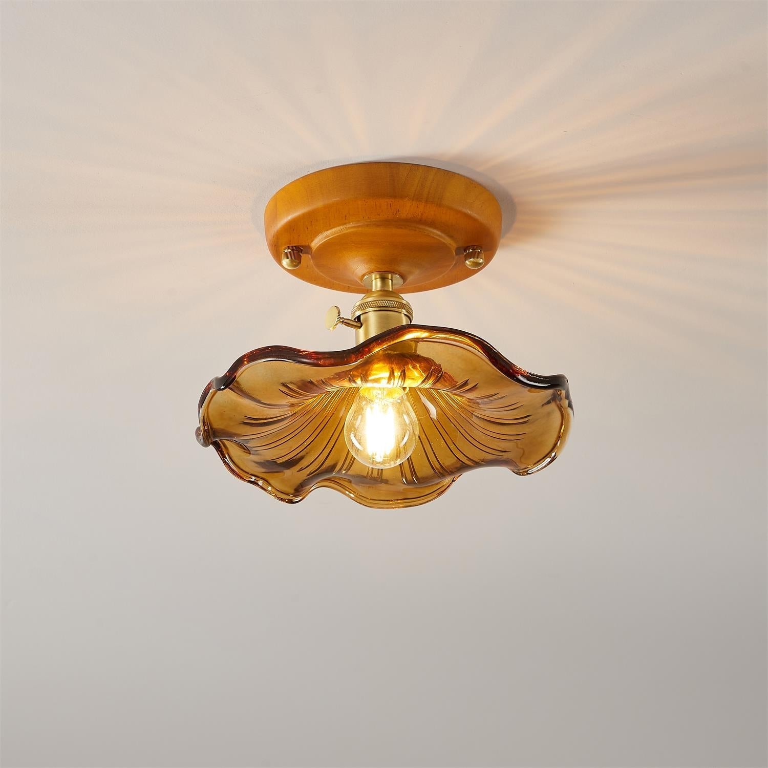 Ceiling Light Wood Canopy Brass & Glass Shade Vintage Floral Farmhouse